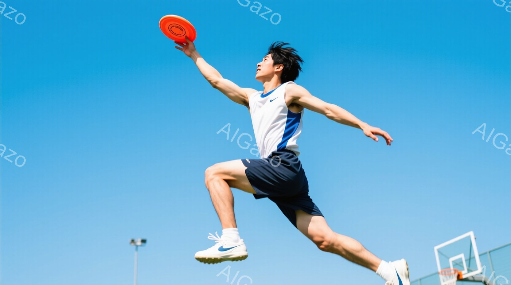 空中でディスクを投げる男性が写っています。彼は白いタンクトップと紺色の短パン、白いソックスとスニーカーを着用し、黒い髪を短く切っています。背景は青空とバスケットボールのゴールがあり、晴天で運動に適した - AI生成フリー素材