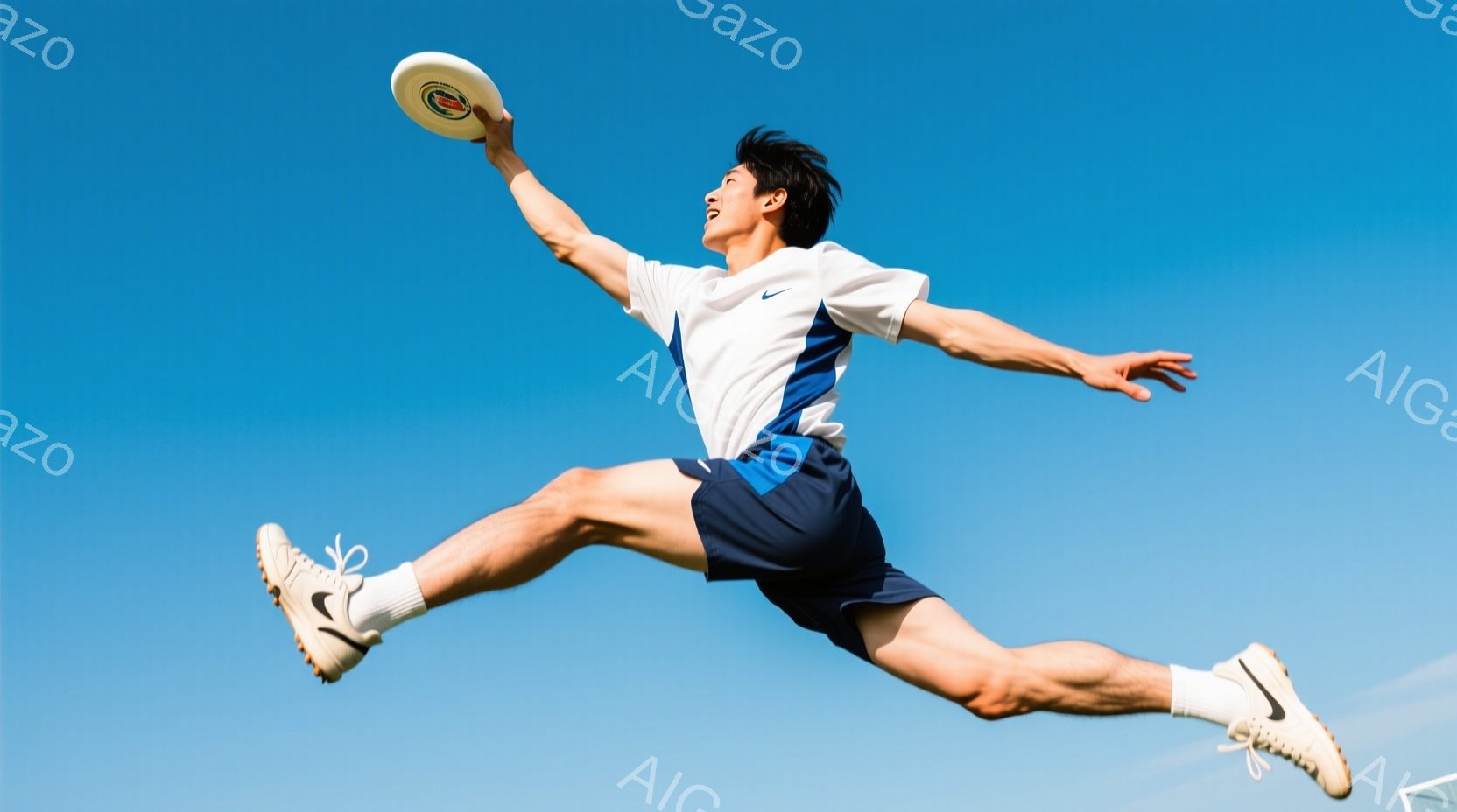 空中でディスクをキャッチしようとしている男性の躍動的な瞬間が捉えられています。彼は白い半袖シャツと紺色のショーツ、白いスニーカーを着用し、黒い短髪にしています。背景は晴れた青空で、彼のジャンプと活発な - AI生成フリー素材