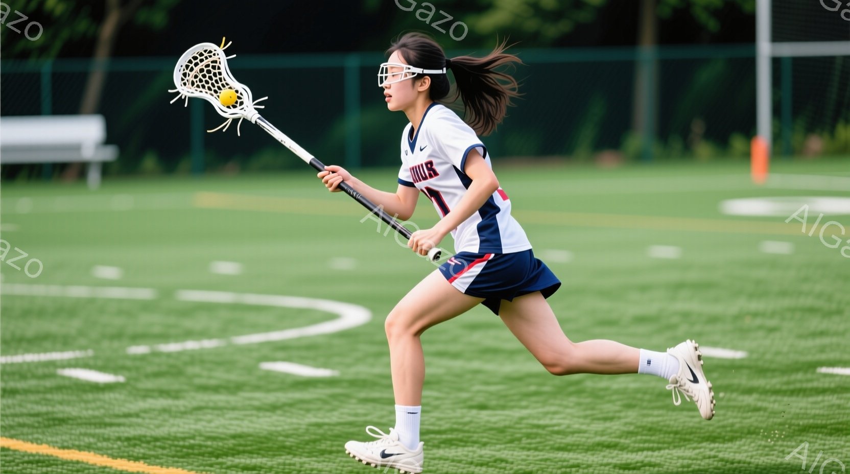 ラクロスをする若い女性アスリートが写っている。彼女は紺色のショートパンツと白い長袖のシャツを着ており、髪はポニーテールに結ばれている。緑の芝生と白いラインが引かれたフィールドを力強く走り、ラクロスのス - AI生成フリー素材