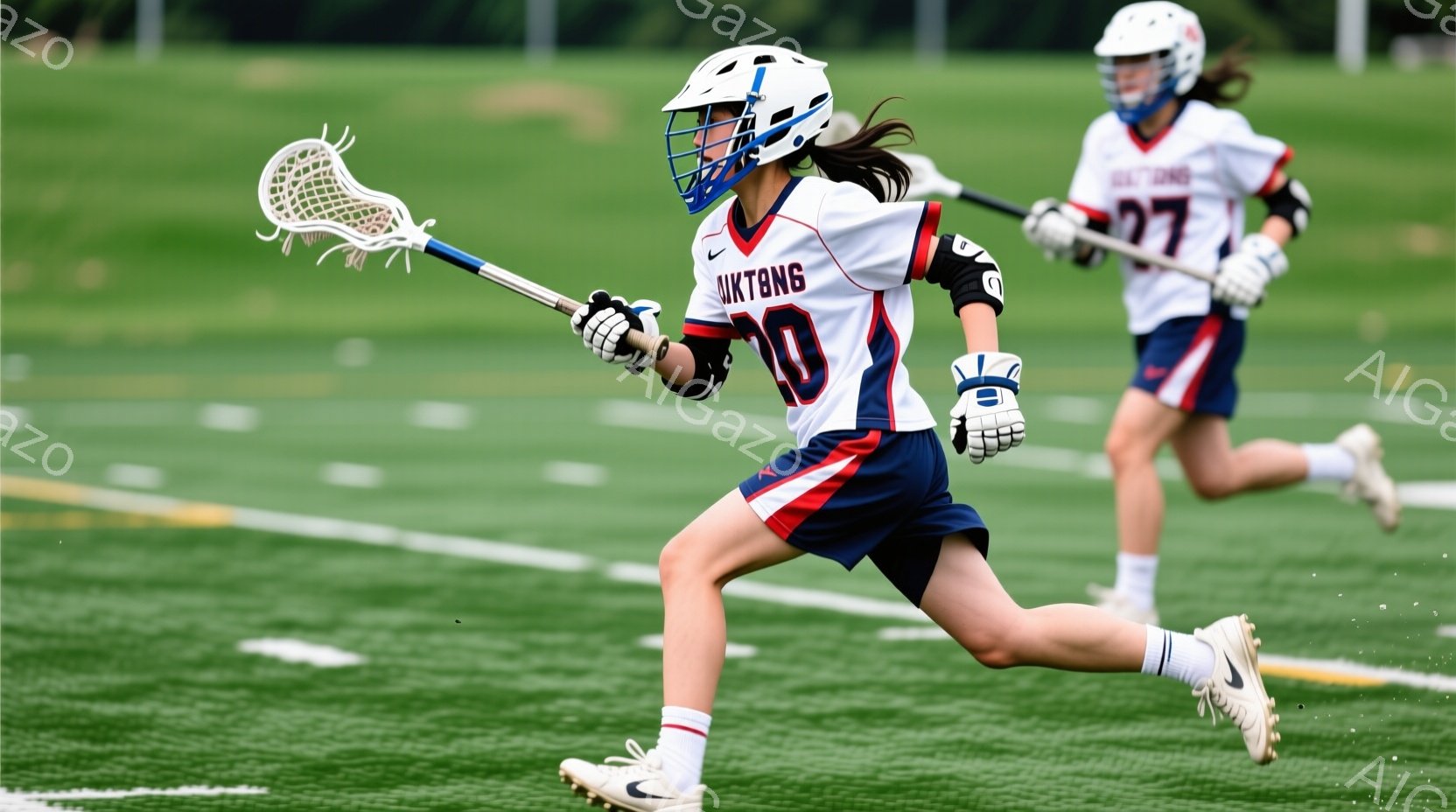 ラクロスをする若い女性選手が写っている。彼女は白いシャツに紺色のストライプ、紺色のショーツ、白いソックス、そしてスニーカーを履いており、髪は後ろでポニーテールに結ばれている。背景には緑の芝生が広がり、 - AI生成フリー素材