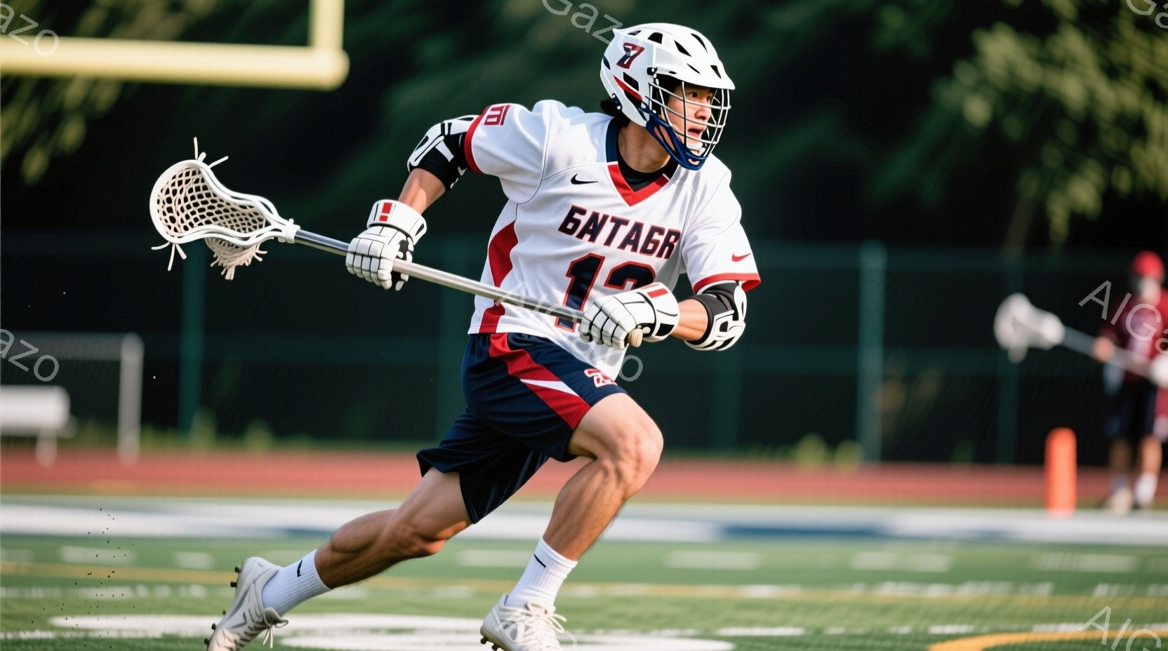 ラクロス選手が競技場で走っている様子が写っている。彼は白と赤のラクロスのユニフォーム、紺色のショートパンツ、白いソックスとスパイクを着用し、ヘルメットをかぶっている。背景には緑の芝生、トラック、そして - AI生成フリー素材