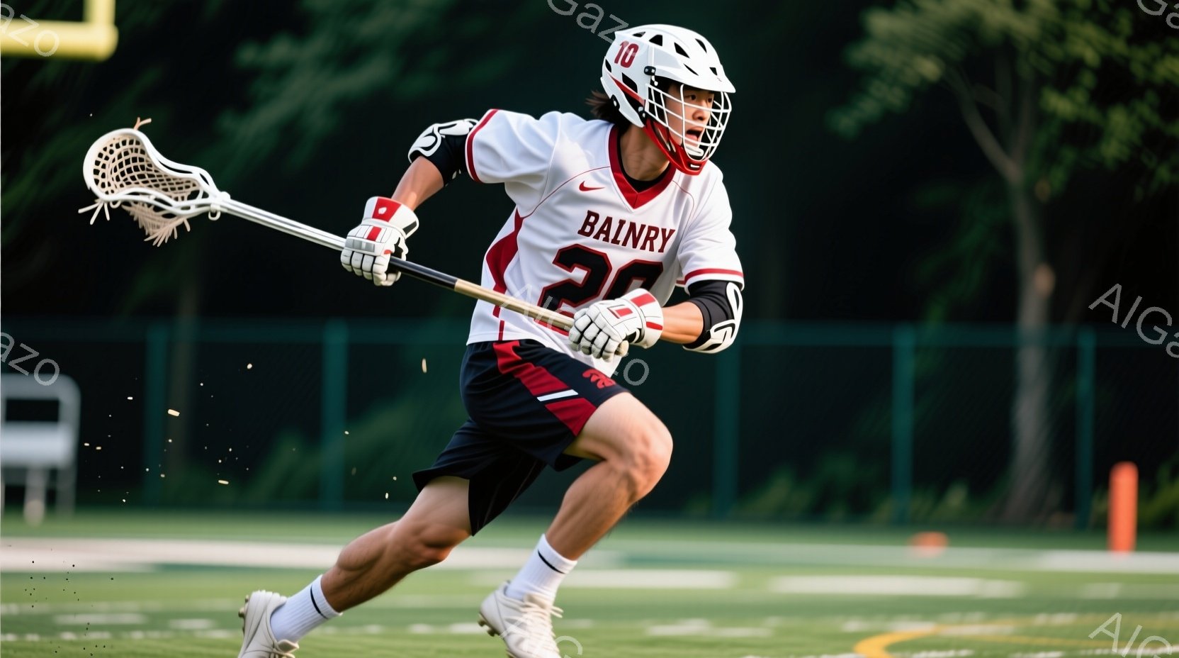 ラクロス選手が緑のフィールドで走り、ボールをキャッチしようとしている姿が写っている。白いヘルメットと肩パッド、赤とネイビーのジャージ、そして白いショートパンツとソックスを身に着けている。背景には緑のフェンスと木々が見え、晴天の屋外でスポーツを楽しむ様子が伝わる。