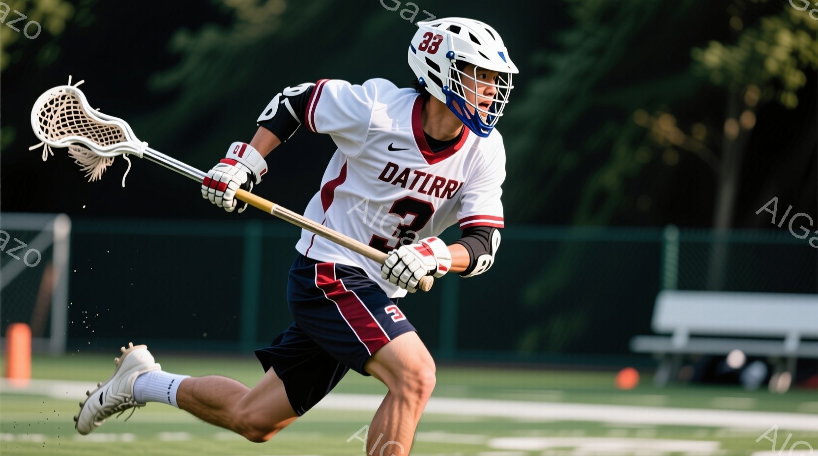 ラクロス選手がフィールドを疾走している様子が写っている。彼は白とネイビー、赤いアクセントが入ったユニフォームを着用し、ヘルメットには数字の33が描かれている。背景には緑豊かな芝生と、ぼやけたフェンス、 - AI生成フリー素材