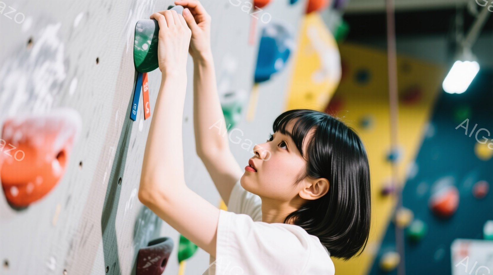 若い女性がクライミングウォールを登っている様子が写っている。黒髪のボブスタイルで、白いTシャツを着ており、集中した表情でホールドにつかまっている。背景には様々な色のクライミングホールドが並び、室内クライミングジムの雰囲気で、活気がありながらも集中した空間が表現されている。
