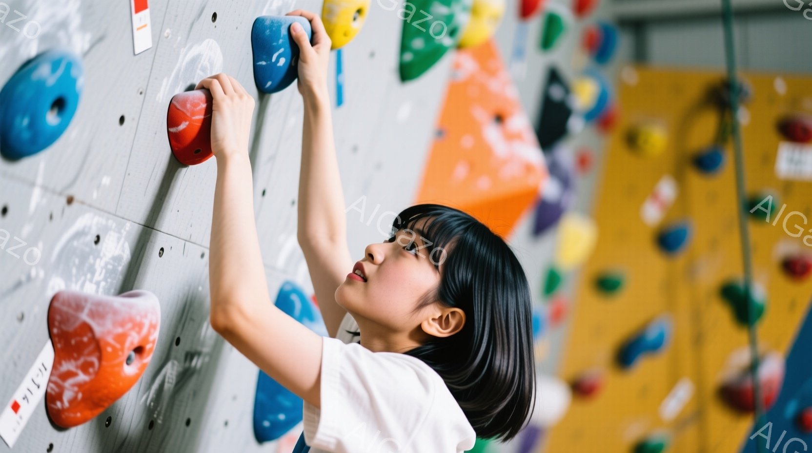 短い黒髪の少女がクライミングウォールを登っている。白いTシャツを着ており、集中した表情で、高いホールドに手を伸ばしている。背景はカラフルなクライミングホールドが並び、屋内クライミングジムの壁となっている。