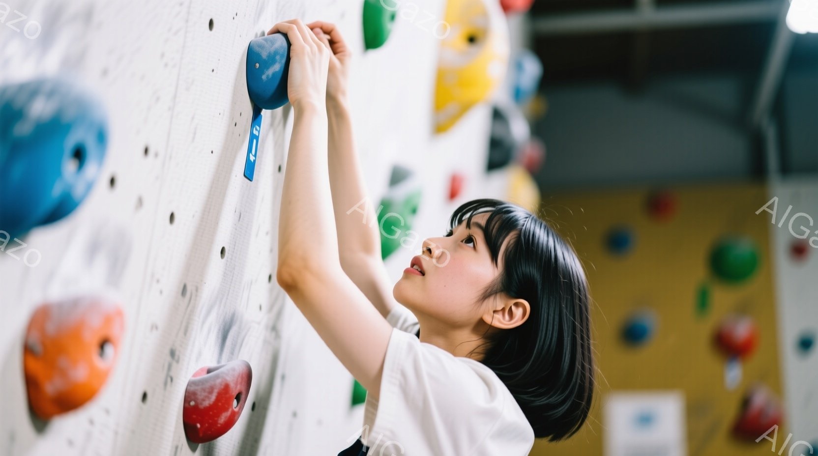 黒髪の女性がクライミングウォールを登っています。白いTシャツを着ており、集中した表情でホールドを掴んでいます。背景には様々な色のクライミングホールドが並び、室内クライミングジムの様子がわかります。