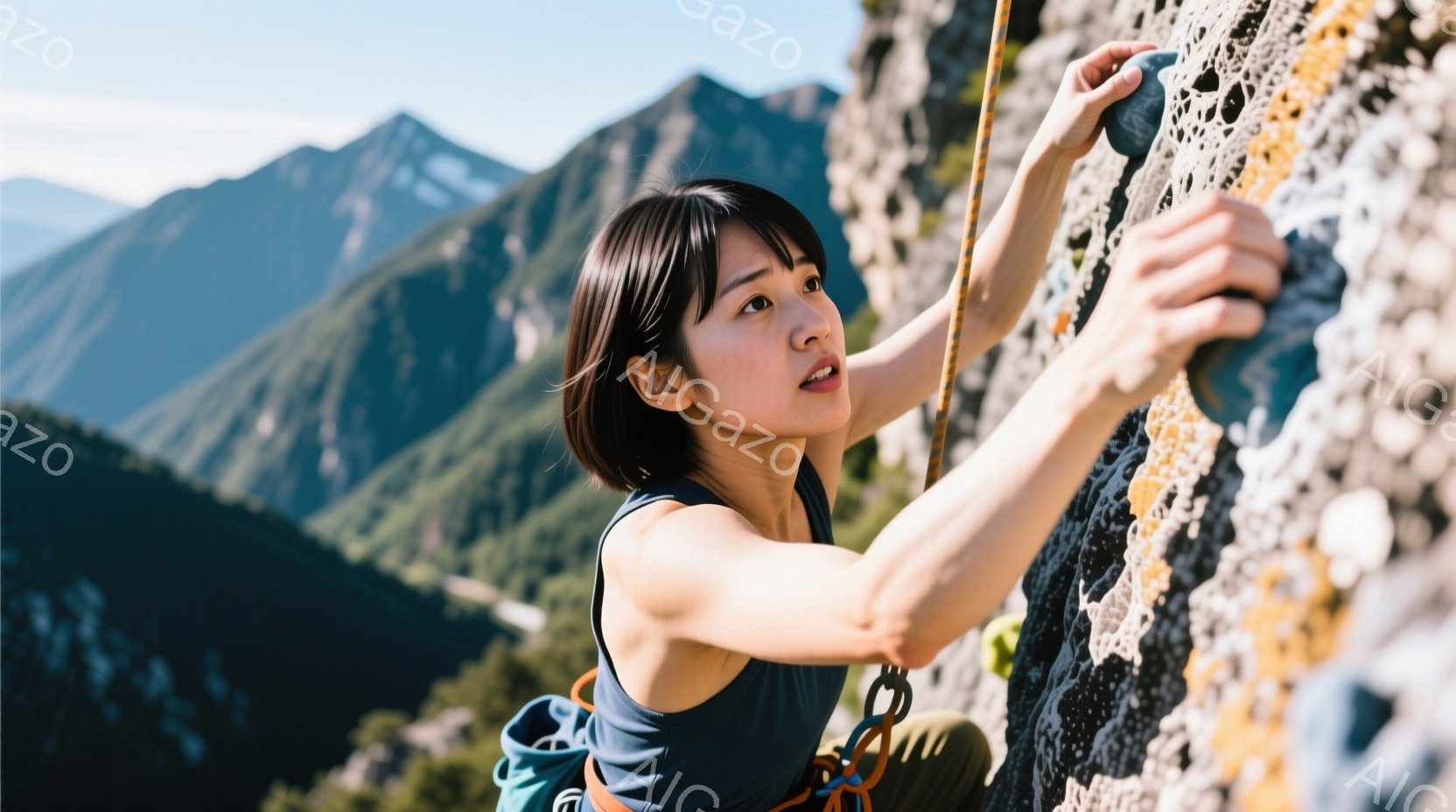 若い女性が岩壁を登っている様子が写っている。彼女はタンクトップとカーキ色のズボンを着用し、短く切りそろえた黒髪は、額にわずかに触れている。背景には、青空の下、緑豊かな山々が連なり、晴天の下でのクライミングの雰囲気が伝わってくる。