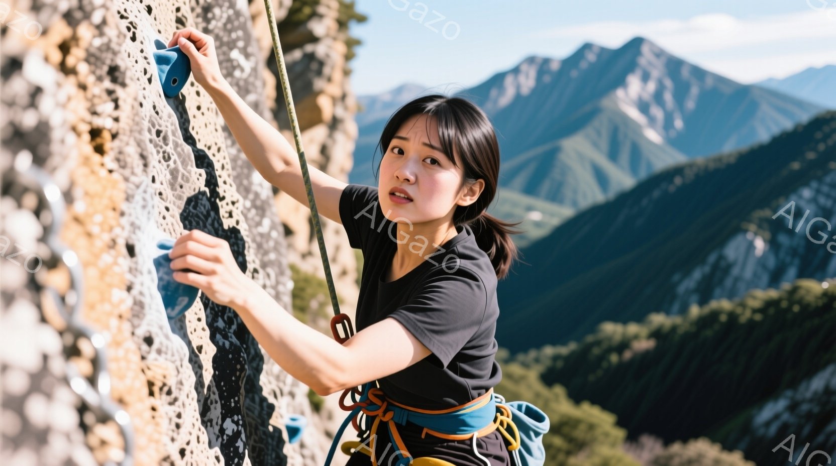 黒いTシャツを着た女性が岩壁を登っている。彼女は髪を後ろで一つにまとめ、集中した表情でホールドに手を伸ばしている。背景には緑豊かな山々が広がり、晴天の下、クライミングを楽しんでいる様子がうかがえる。
