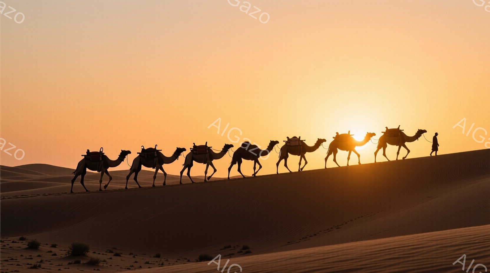 砂漠の砂丘の上を、荷物を背負ったラクダの列が進んでいる。夕焼けのオレンジ色の光が、ラクダと砂丘をシルエットで照らし出し、遠くには人影が見える。全体的に、静かで厳粛な、旅の情景が表現されている。 - AI生成フリー素材