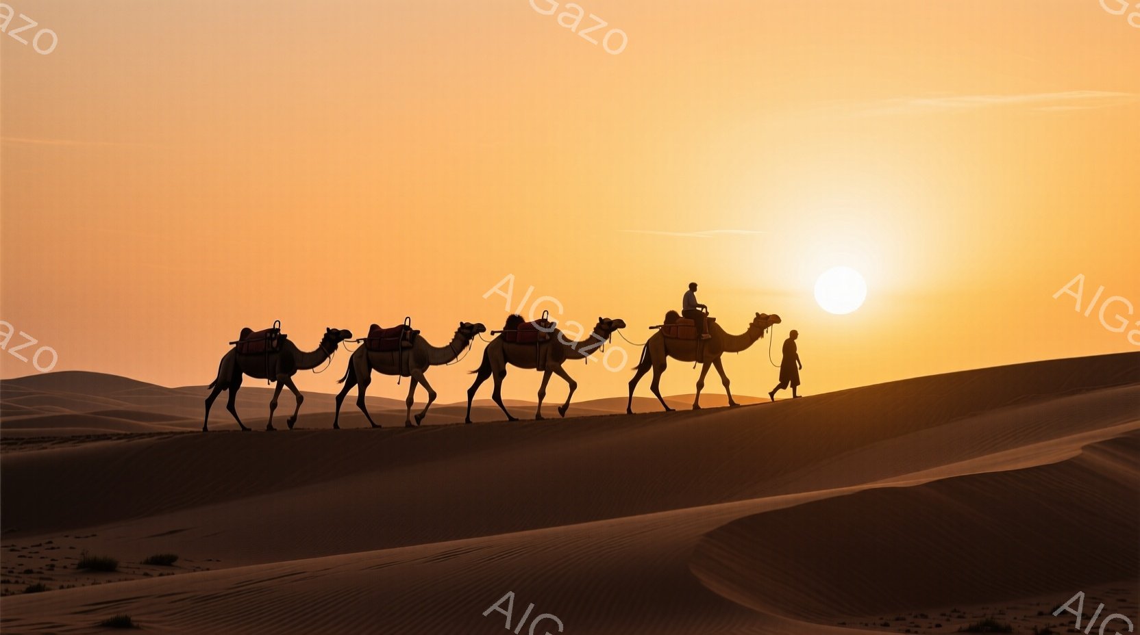 砂漠の風景の中に、ラクダの隊列が夕焼けに向かって進んでいる。ラクダの背中には荷物が積まれ、隊列の先頭を歩く人物はシルエットとなっており、その姿は砂漠の過酷な環境を旅する遊牧民を彷彿とさせる。オレンジ色の砂丘と夕焼けのグラデーションが、静寂で神秘的な雰囲気を醸し出している。