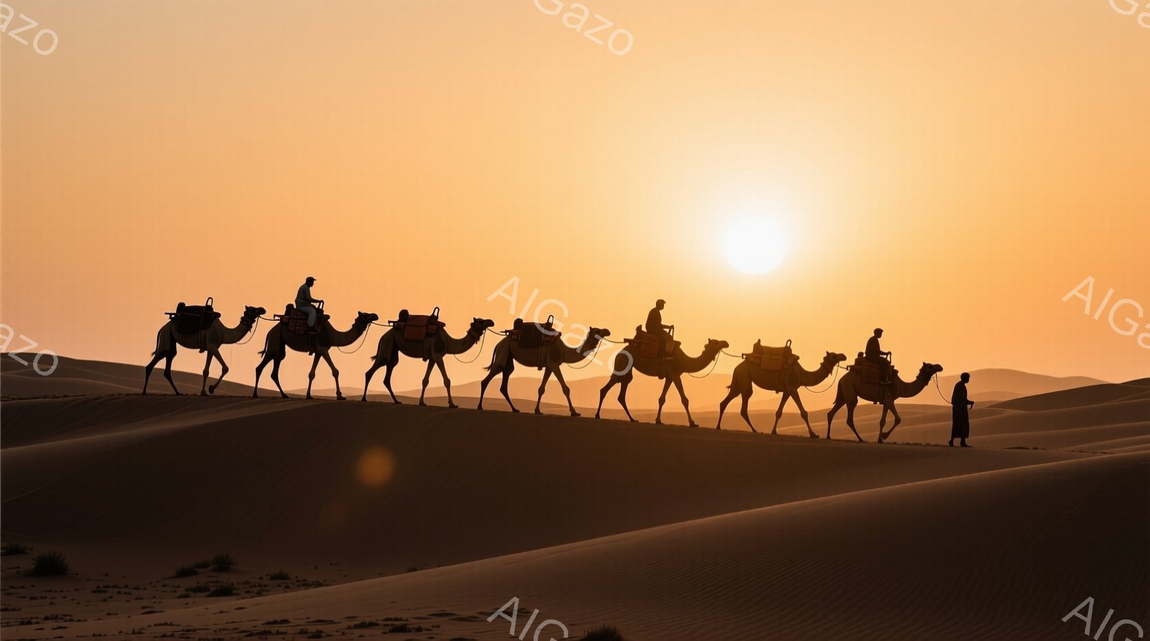 砂漠の中にラクダの隊列が並び、夕焼けのオレンジ色の空が広がっている。隊列を先導する人物は、伝統的な衣装を身につけ、遠くを見つめているように見える。砂丘の曲線と空のグラデーションが、静かで神秘的な雰囲気を醸し出している。