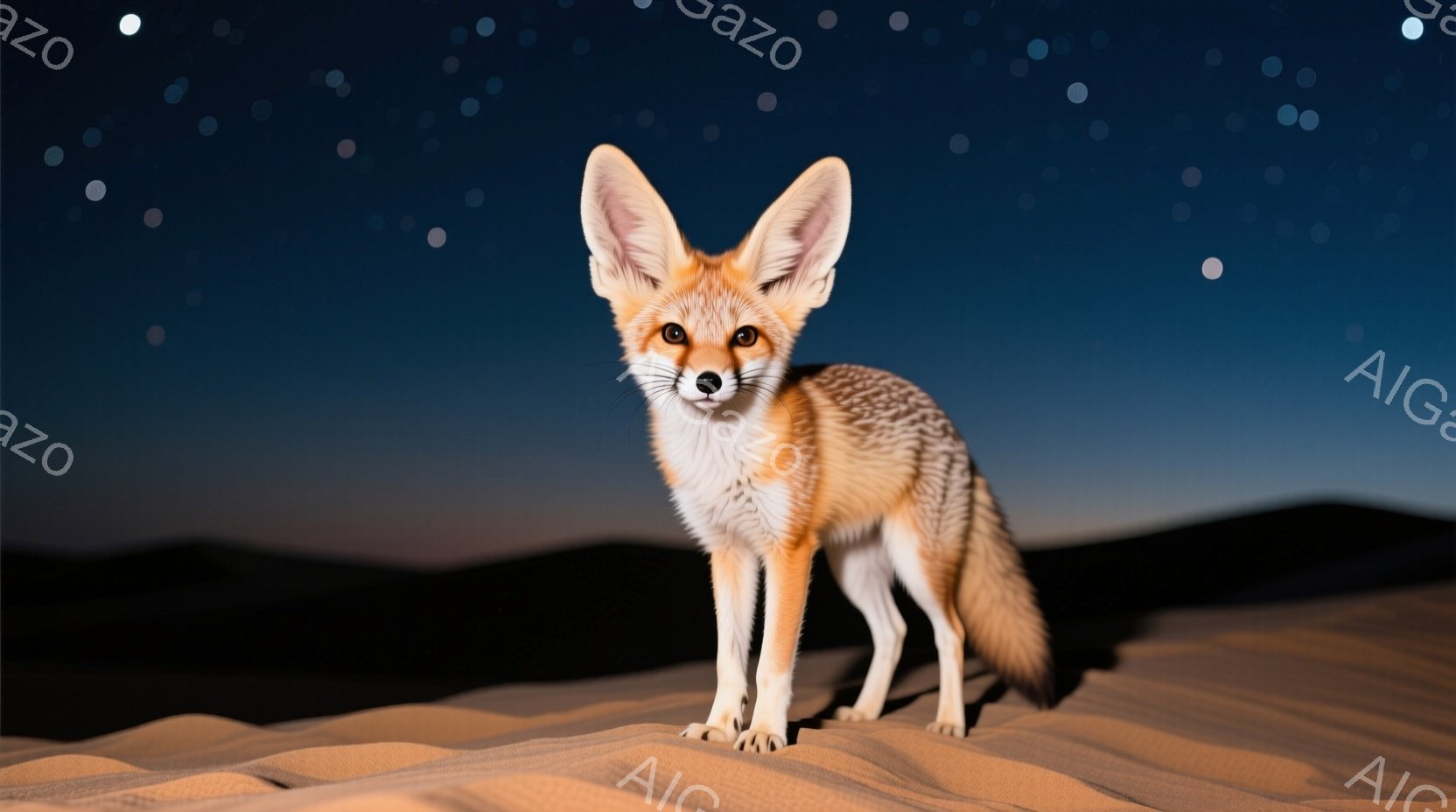 画像は砂漠の砂丘に立つフェネックギツネを捉えている。その毛並みは明るいオレンジ色で、大きな耳が特徴的だ。背景は夕焼けの名残で、空は深い青色からオレンジ色へとグラデーションを描き、穏やかで静謐な雰囲気を醸し出している。