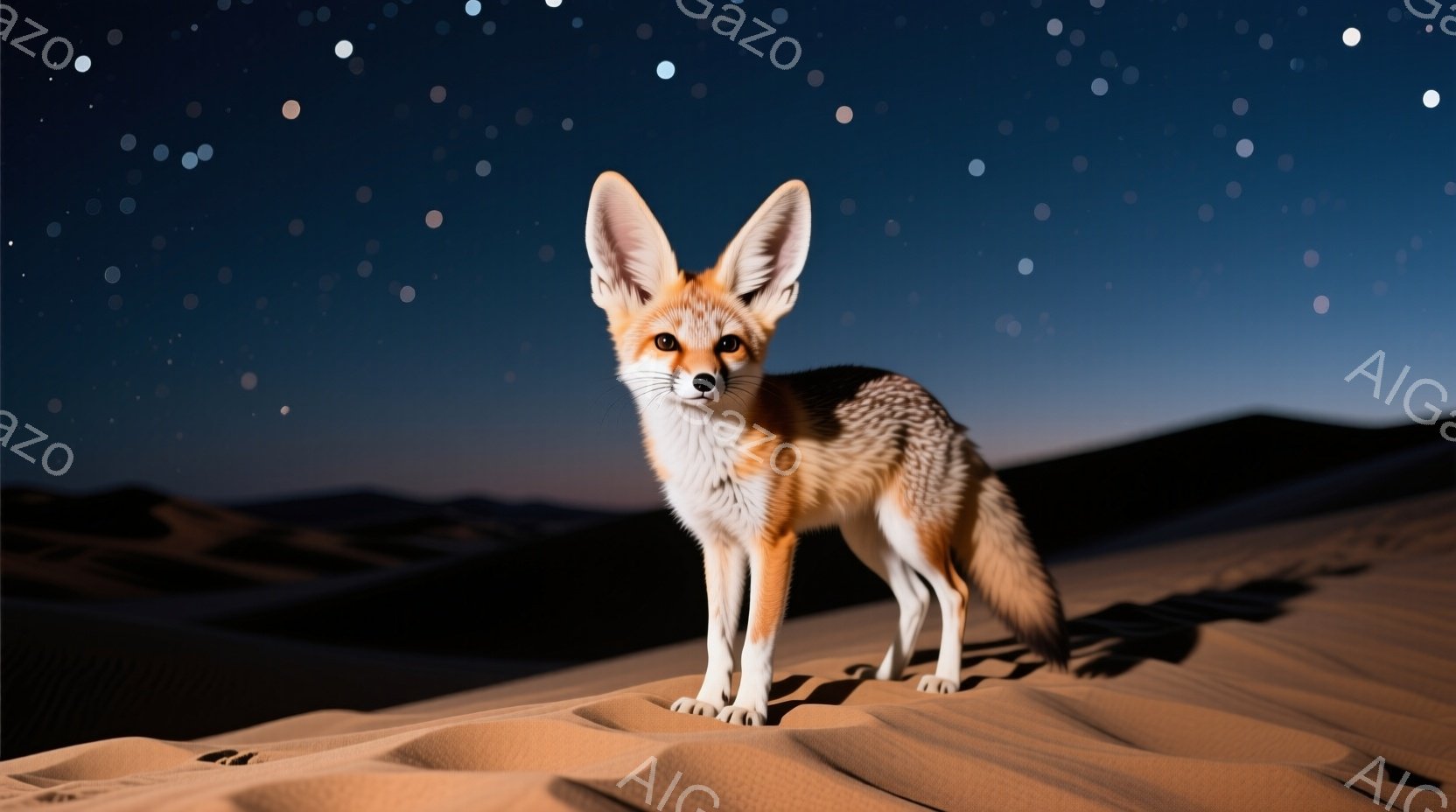 広大な砂漠の中に、フェネックキツネが立っている。大きな耳が特徴的で、毛並みは砂漠の色に合わせた茶色と白が混ざっている。夜空には星が輝き、静かで神秘的な雰囲気を醸し出している。