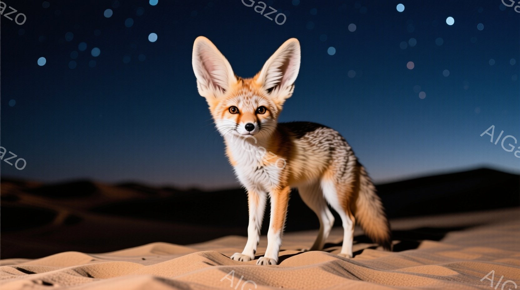 砂漠の中にフェネックギツネが立っている。そのギツネは、大きな耳を立て、前方をまっすぐ見つめており、警戒している様子がうかがえる。背景は砂丘が広がり、夜空には星が輝いているため、静かで神秘的な雰囲気が漂っている。