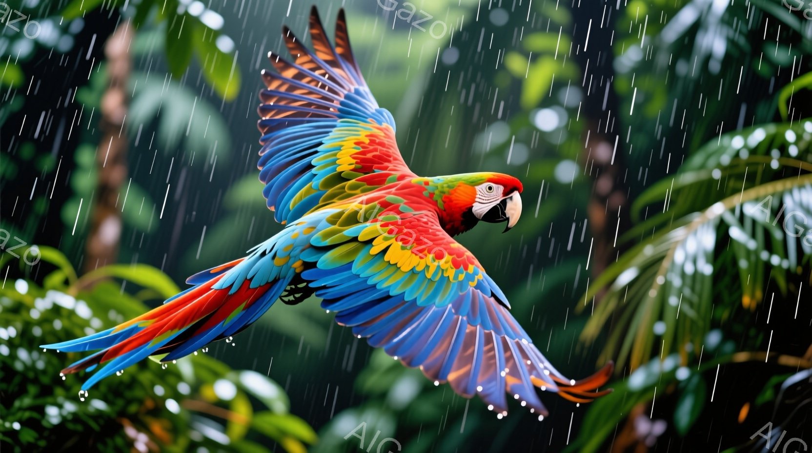 明るい色彩のコンゴウインコが、緑豊かな熱帯雨林の中で翼を広げて飛んでいる。雨粒が背景を覆い、水滴が葉を濡らし、湿った熱帯の雰囲気を醸し出している。鮮やかな赤、青、黄色、緑の羽が、濃い緑の葉との鮮やかなコントラストを生み出している。