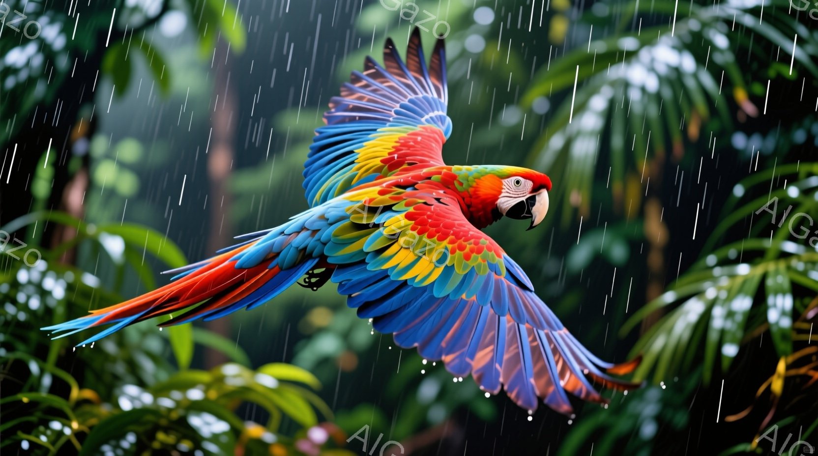鮮やかな赤、青、黄色の羽を持つ大きなコンゴウインコが、緑豊かな熱帯雨林の中で翼を広げて飛んでいます。背景には雨が降り注ぎ、濃い緑の葉が密集して見え、湿った熱帯の雰囲気を醸し出しています。コンゴウインコ - AI生成フリー素材