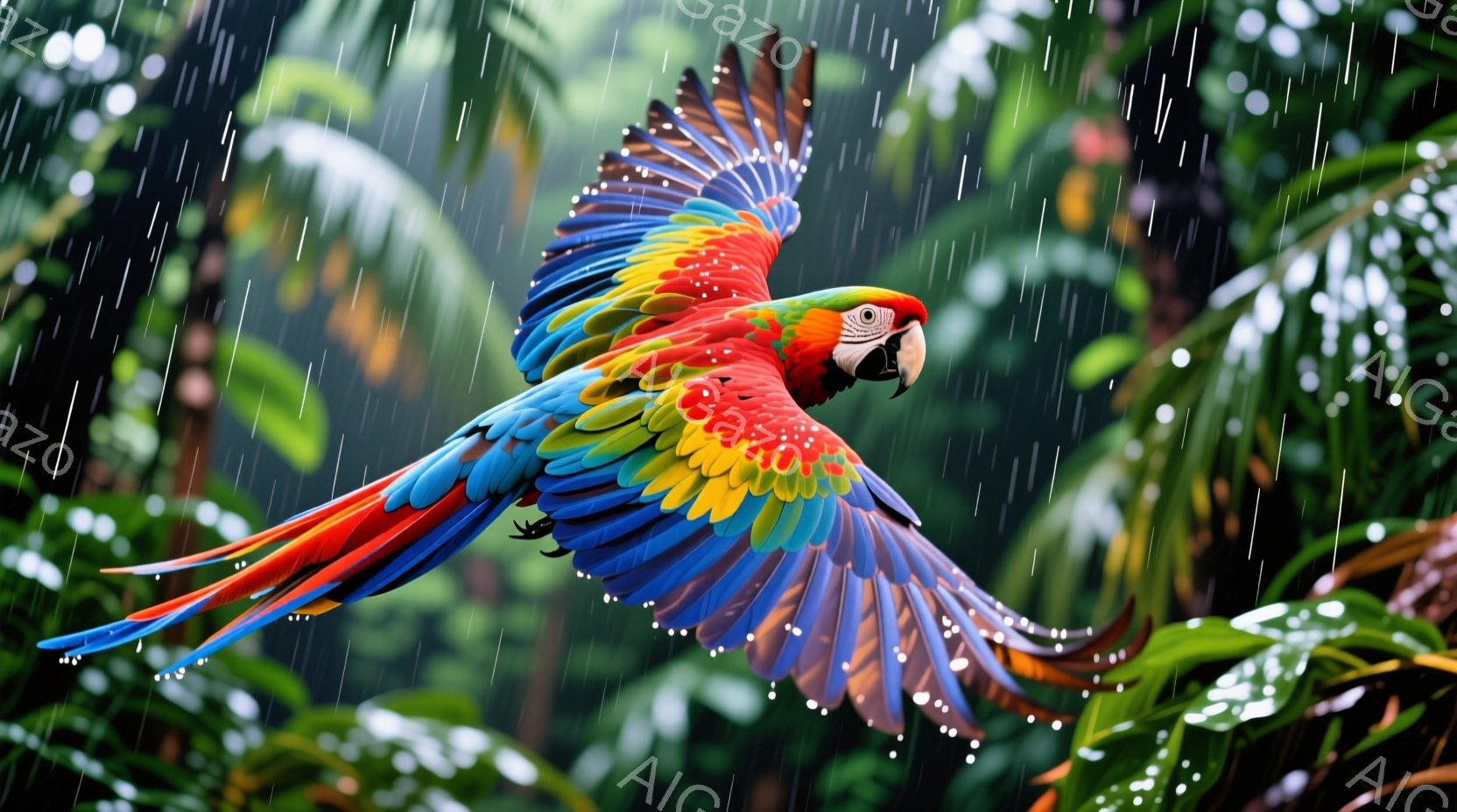 鮮やかな色彩のコンゴウインコが、翼を大きく広げ、雨の中で飛んでいる様子が描かれている。背景は緑豊かな熱帯雨林で、雨粒が降り注ぎ、湿った空気が伝わってくるようだ。インコは力強く、鮮やかな羽が雨に濡れて一 - AI生成フリー素材