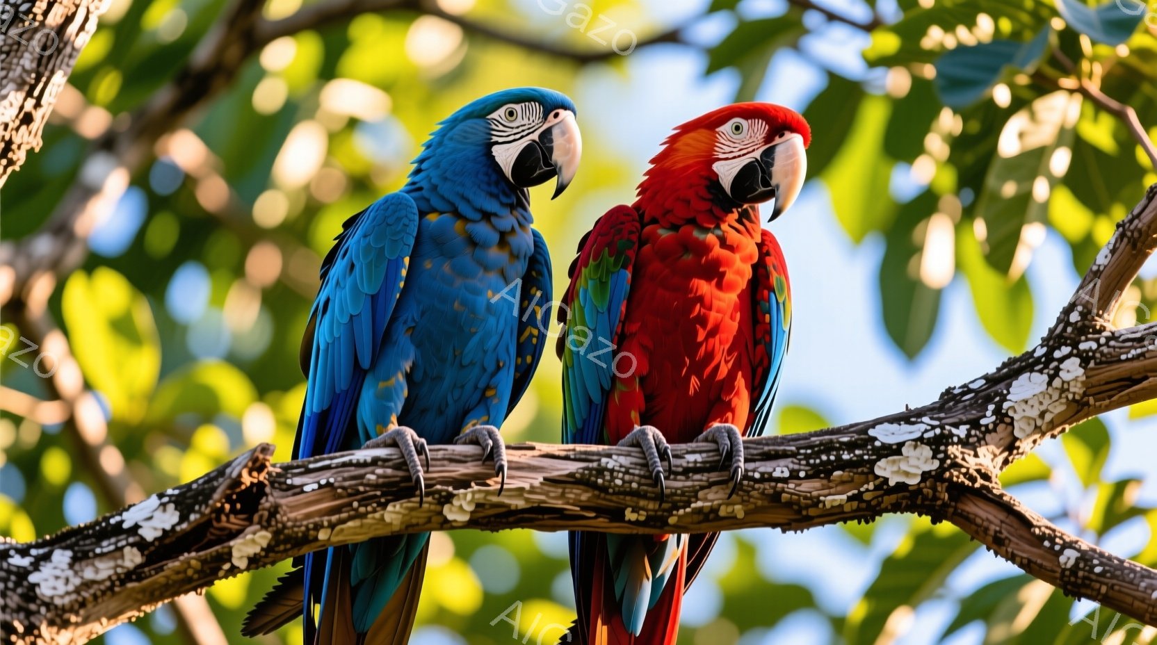 鮮やかな青と赤のコンゴウインコが、苔むした木の枝に並んで止まっています。彼らは互いに少し向き合い、鋭い目と鉤爪をはっきりと捉えられ、熱帯雨林の緑豊かな背景がぼやけて見えます。全体的に、鮮やかな色彩と自然の美しさが調和した、平和で活気のある雰囲気です。