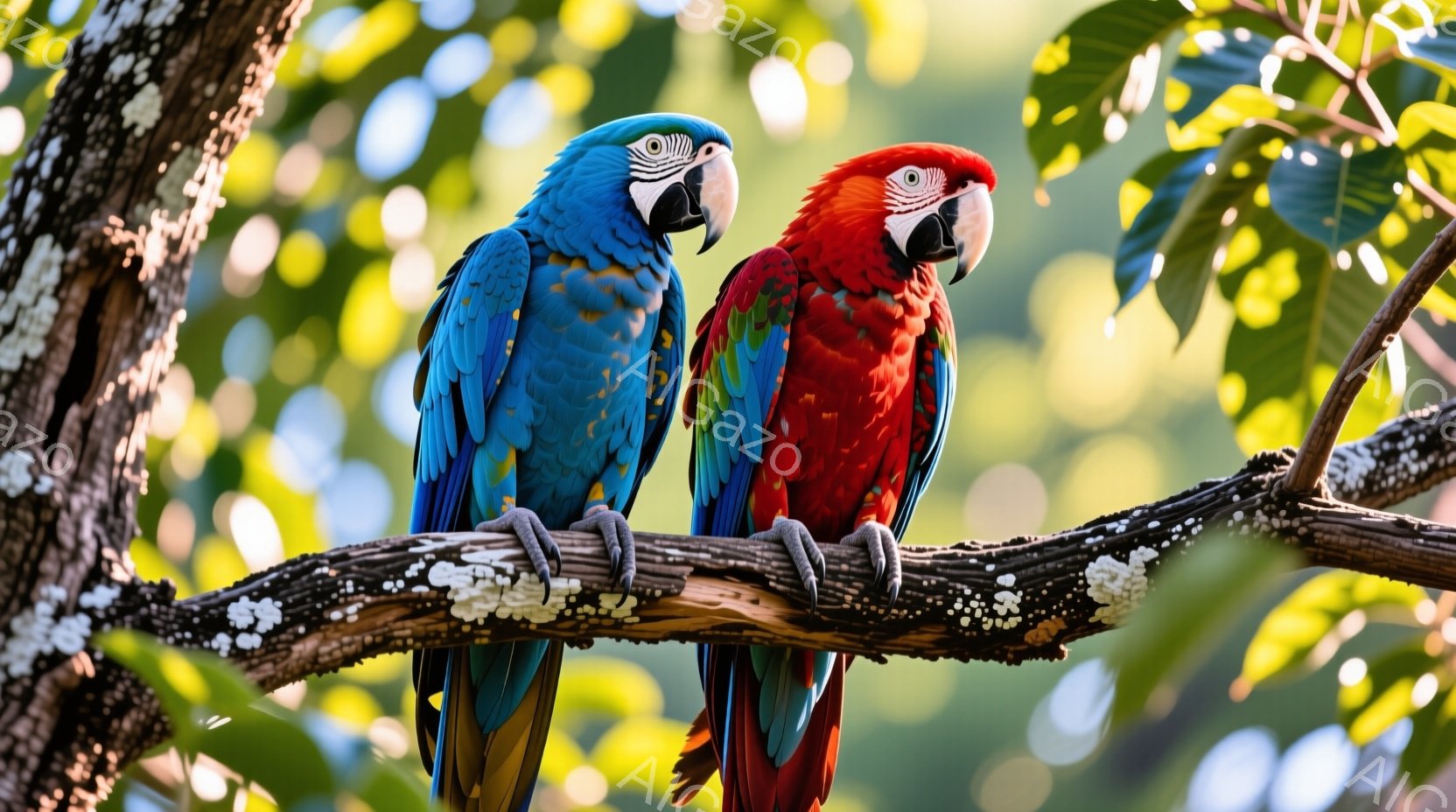 二羽のカラフルなコンゴウインコが、白い斑点のある木の枝に並んで座っています。青いインコは左側に、赤いインコは右側に位置し、互いに向き合っています。背景には緑豊かな葉が生い茂り、自然の中で生き生きとした - AI生成フリー素材