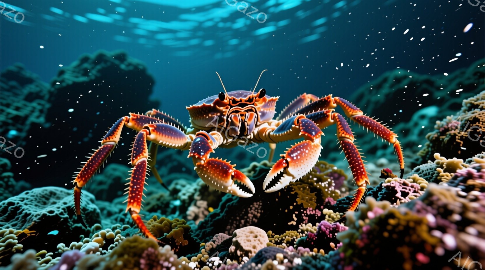 鮮やかな赤とオレンジ色の縞模様を持つ大型のヤドカリが、岩礁地帯の中で前足を使ってカメラの方を向いている。背景には、様々な色のサンゴ礁や小さな魚が見られ、水中に漂う粒子が光を受けて輝いている。全体的に、カラフルで生命力に満ちた、神秘的な海の雰囲気を感じさせる。