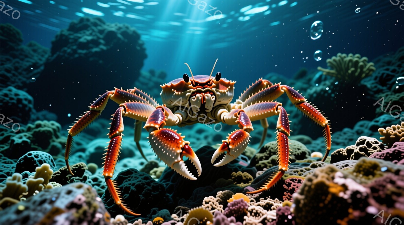 深い青色の海中に、鮮やかなオレンジと白の縞模様を持つ大きなタラバガニが描かれています。 鋭い爪を持ち、前足で海底の岩場を掴んでおり、まるで獲物を狙っているかのような威圧感のある姿勢です。 周りには様々 - AI生成フリー素材