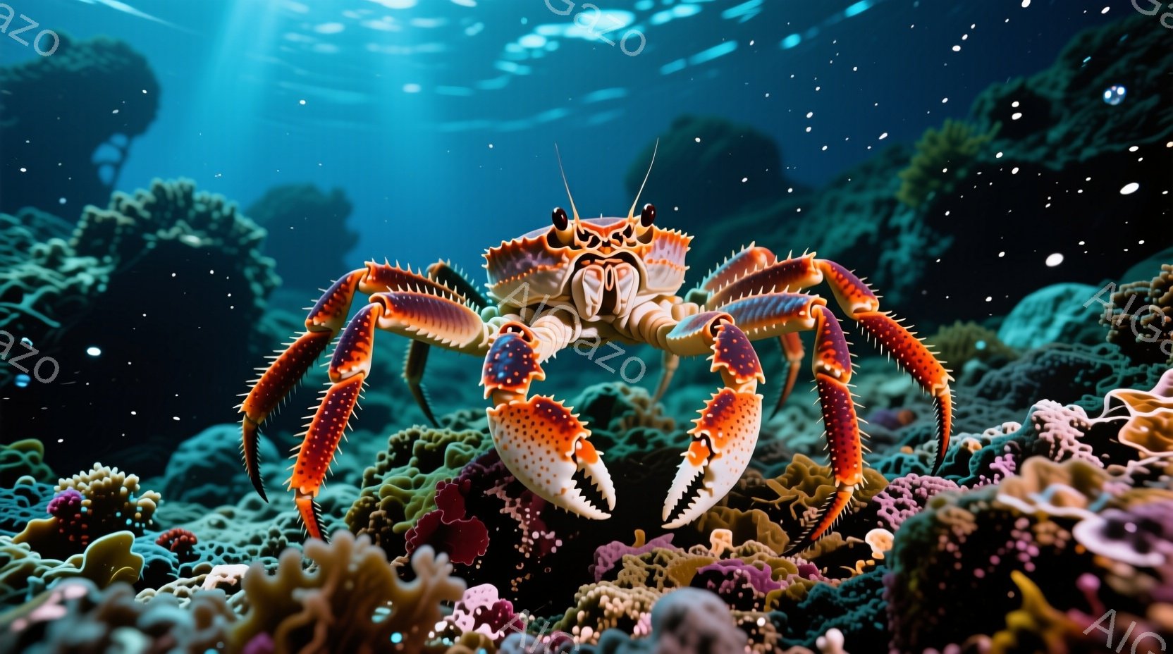 鮮やかなオレンジと青色の縞模様が特徴的な大きなタラバガニが、ピンクと紫色のサンゴ礁の上に堂々と立っている。その大きなハサミは大きく開いており、まるで獲物を狙っているかのような威圧感がある。背景は深い青 - AI生成フリー素材