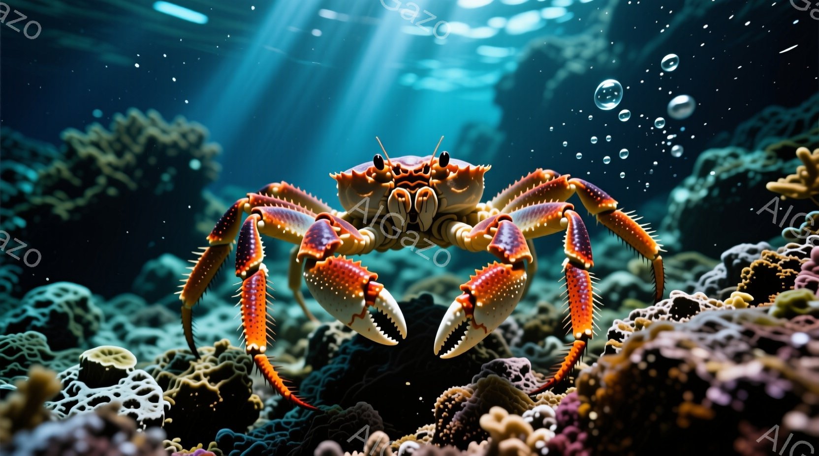 明るいオレンジと濃い赤色の大きなタラバガニが、暗い背景のサンゴ礁の中で、前足を使ってこちらを睨みつけています。強い光線が水面から差し込み、サンゴ礁や水中に漂う泡を照らし出しており、深海の一角を思わせる - AI生成フリー素材