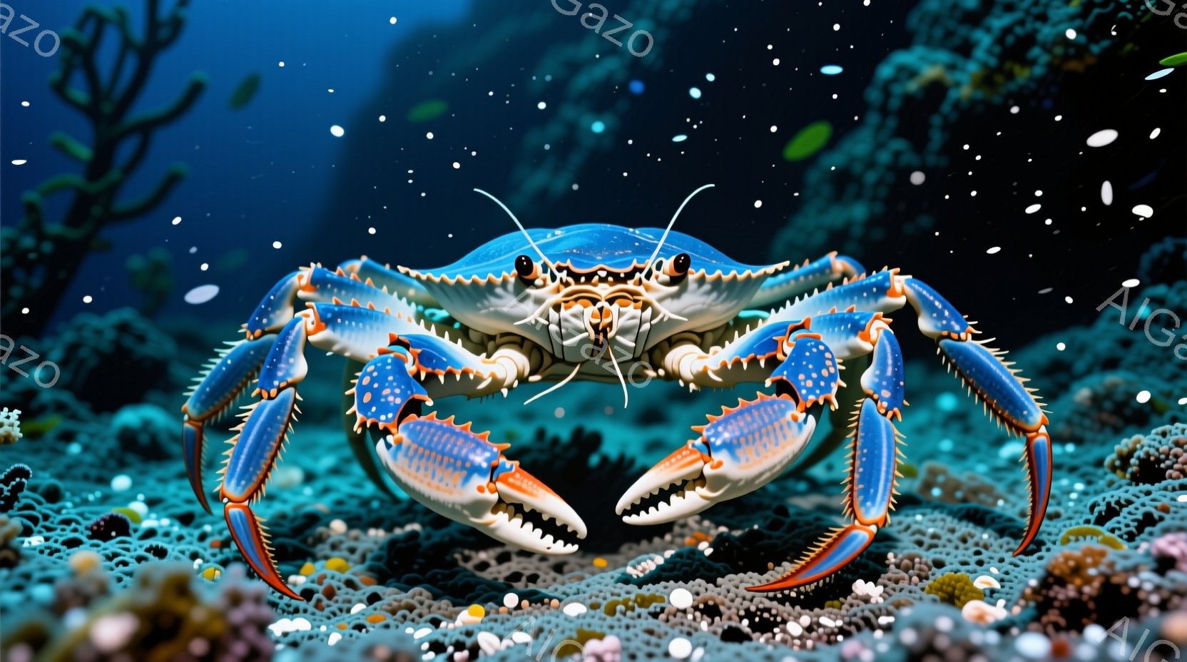 鮮やかな青色のカニが、砂と貝殻が散らばる海底に力強く立っている。鋭い爪と黒い目が印象的で、まるでこちらを見つめているかのような視線を感じさせる。背景には暗い海が広がり、水中に漂う小さな光点が幻想的な雰囲気を醸し出している。