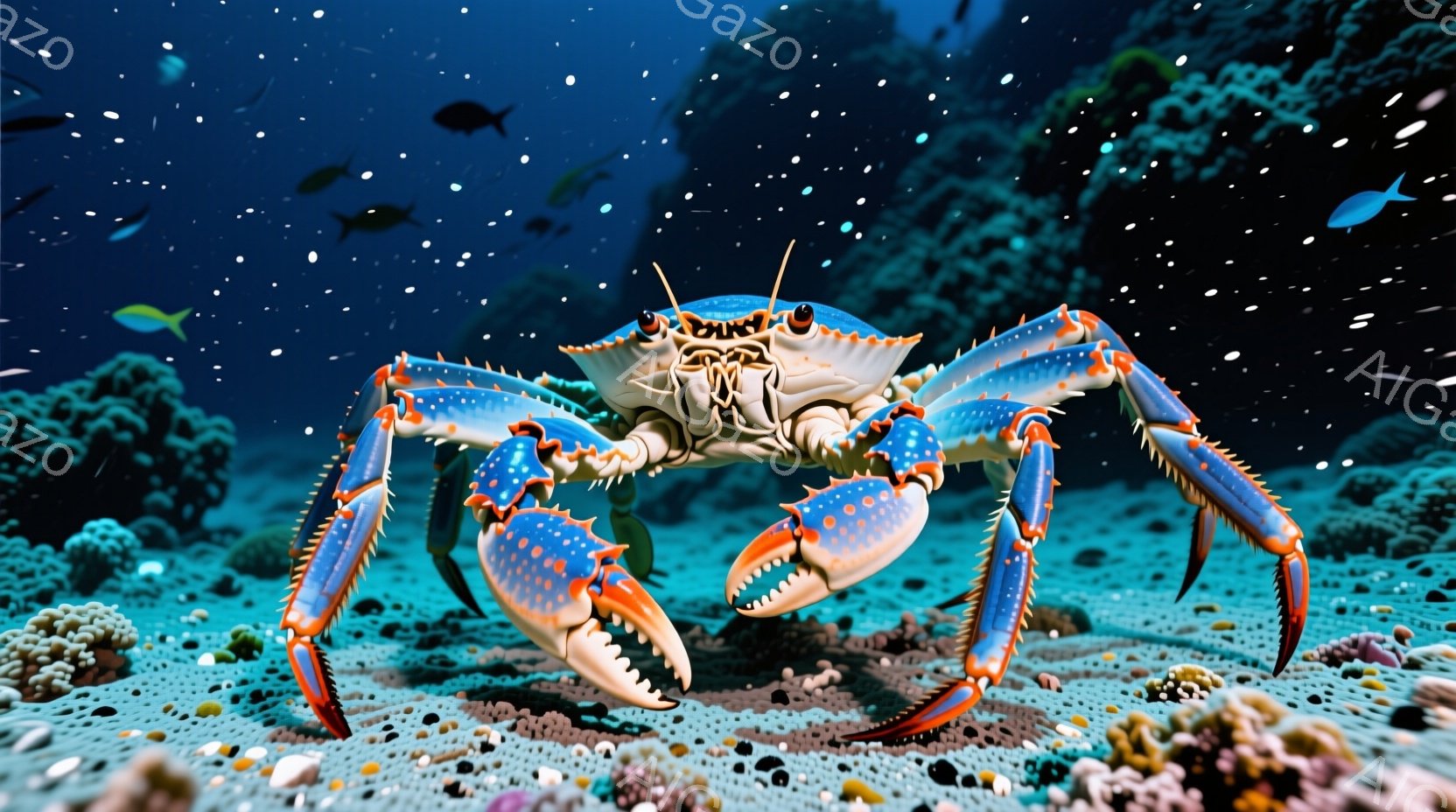 鮮やかな青色の甲羅を持つ巨大なタラバガニが、海底の砂地に堂々と立っている。周囲にはサンゴ礁や小さな魚が点在し、深海の静けさと生命の息吹を感じさせる。その姿は力強く、深海の王者としての風格を漂わせている。