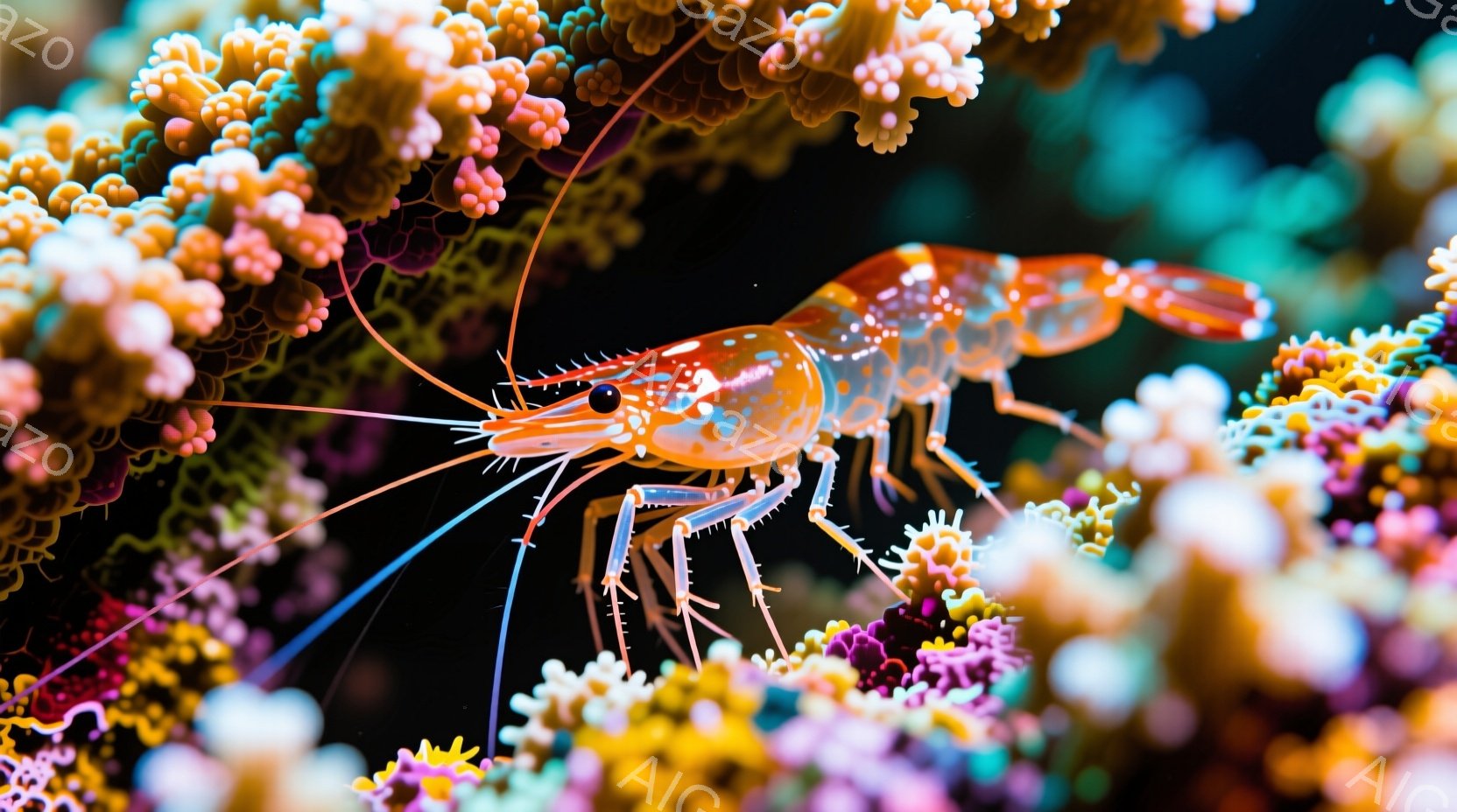 鮮やかなオレンジ色のエビが、ピンクや黄色のサンゴ礁の中に佇んでいます。エビは繊細な足と触覚を伸ばし、まるで花の中に咲いているかのような印象を与えます。背景は暗く、サンゴの鮮やかな色彩が際立ち、深海の世 - AI生成フリー素材