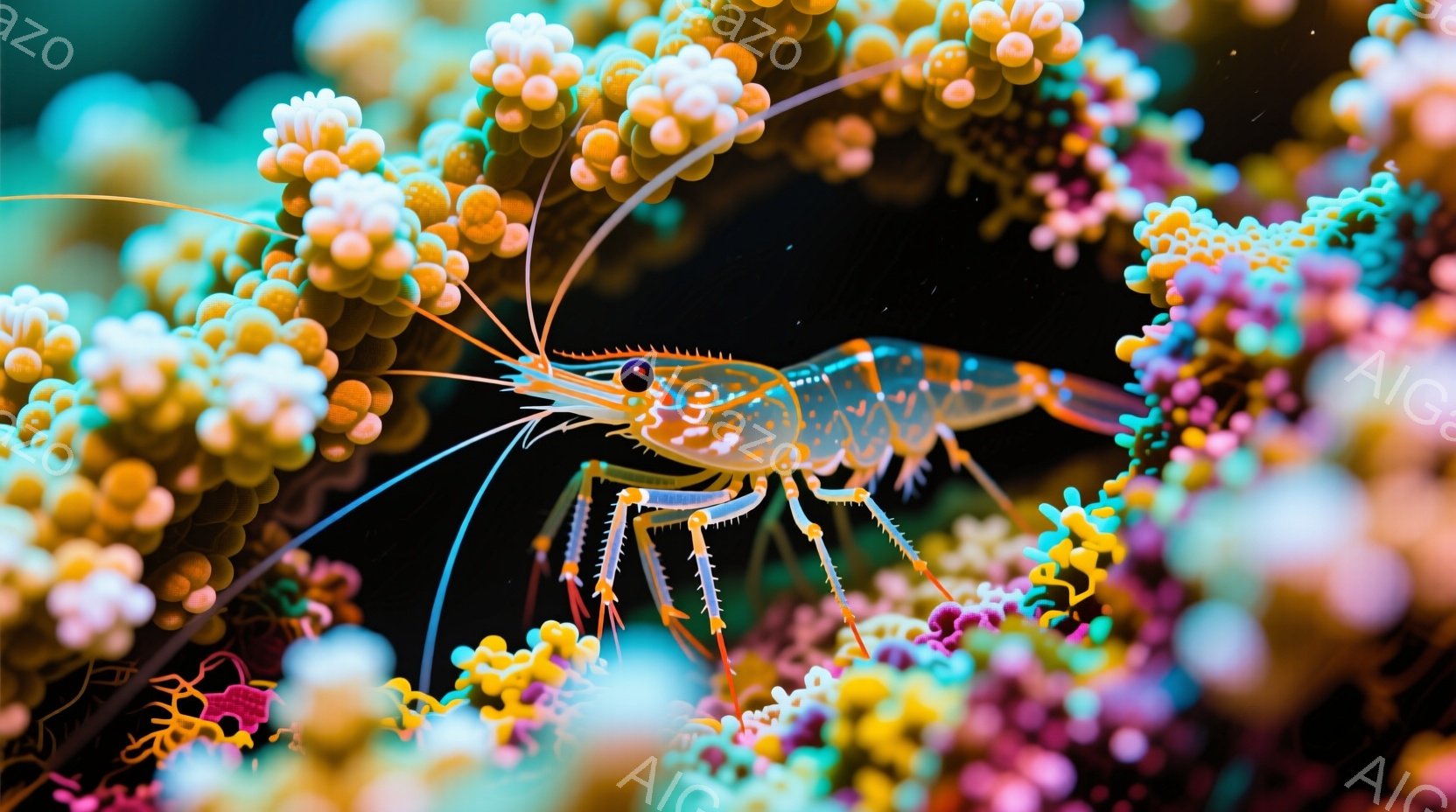 鮮やかなピンク、オレンジ、黄色のサンゴ礁の中に、透き通るようなエビが捉えられています。エビは長く繊細な触覚を伸ばし、細い足でサンゴ礁の枝に掴まっています。背景は暗く、エビとサンゴの鮮やかな色が際立ち、幻想的で神秘的な雰囲気を醸し出しています。