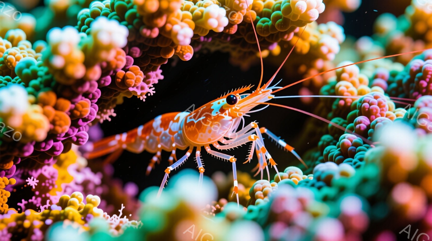 明るいオレンジ色と白の縞模様を持つエビが、カラフルなサンゴ礁の中にいる様子が捉えられています。エビは細長い足と触覚を広げ、サンゴ礁の隙間を探索しているかのように見えます。背景は、ピンク、オレンジ、緑、 - AI生成フリー素材