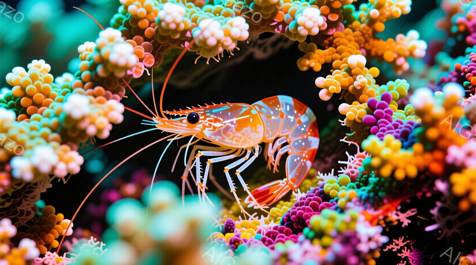 深い黒い背景の中に、鮮やかなオレンジ色のエビが中央に配置されています。周囲には、ピンク、オレンジ、ターコイズブルーの小さな球状のサンゴ礁が密集しており、エビを囲むように咲き誇っています。エビの透明感のある殻と、周囲のカラフルなサンゴとのコントラストが印象的で、神秘的で活気のある水中世界を表現しています。