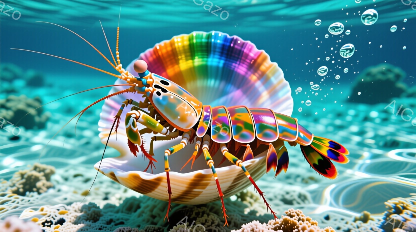 美しい色彩のイソギンチャクと共生するヤドカリが描かれています。ヤドカリは鮮やかな虹色のイソギンチャクを殻として身に着け、オレンジ色の脚と黒い目を持っています。背景には珊瑚礁が広がり、水中に漂う小さな泡が、幻想的な雰囲気を醸し出しています。