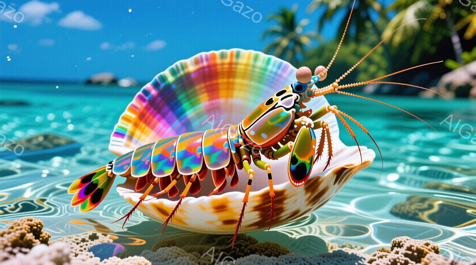 カラフルなエビが大きな巻き貝の中に座っており、サングラスをかけ、表情は陽気です。背景は透き通ったターコイズブルーの海で、サンゴ礁やヤシの木が見え、晴れた空が広がっています。全体的に、明るく陽気で、幻想的な雰囲気です。