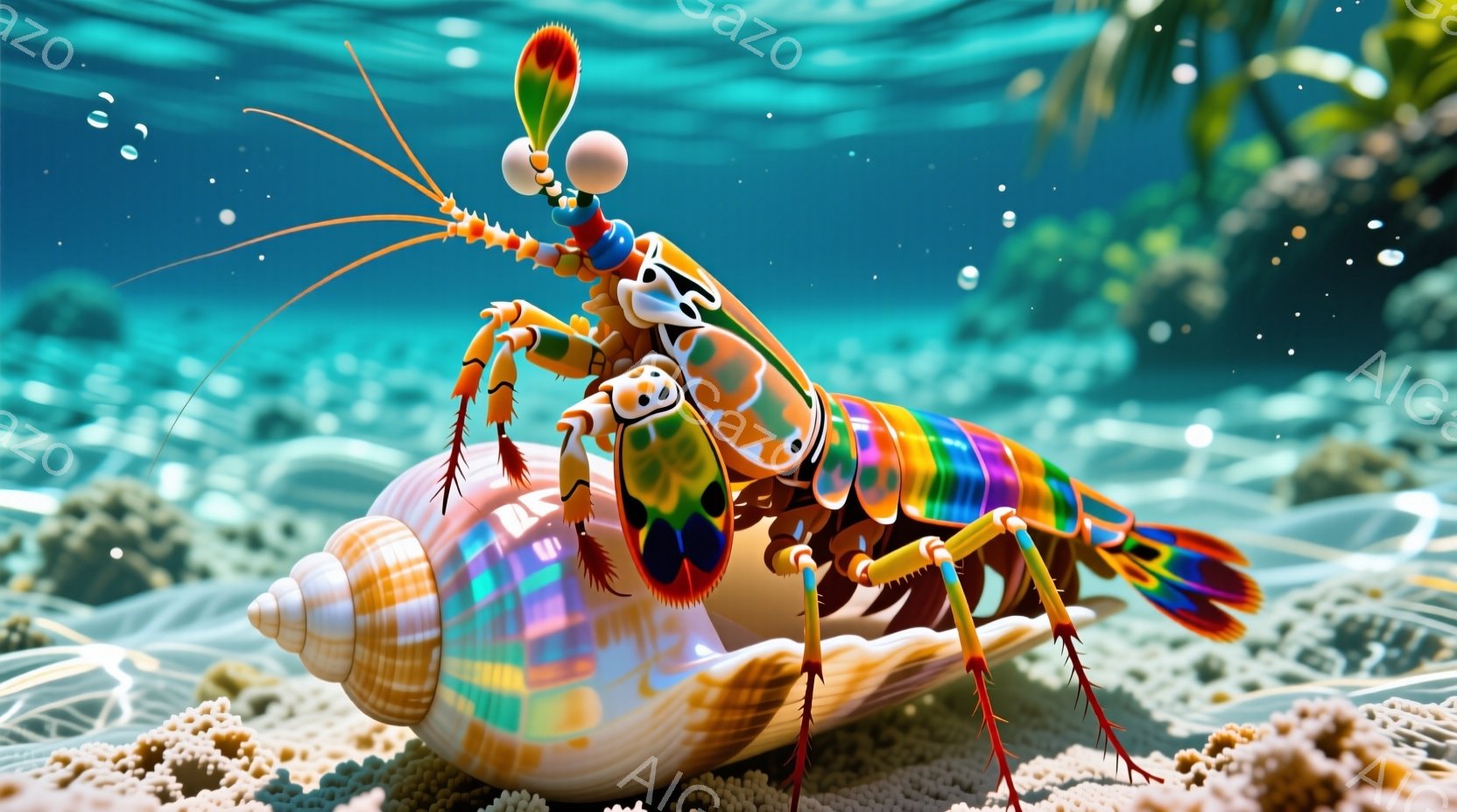 カラフルなエビが、虹色の貝殻の中に身を潜めています。エビはまるで人間のように、帽子のようなものとモノクルを身につけ、楽しげな表情をしています。背景には珊瑚礁が広がり、水中の穏やかな雰囲気が漂っています。