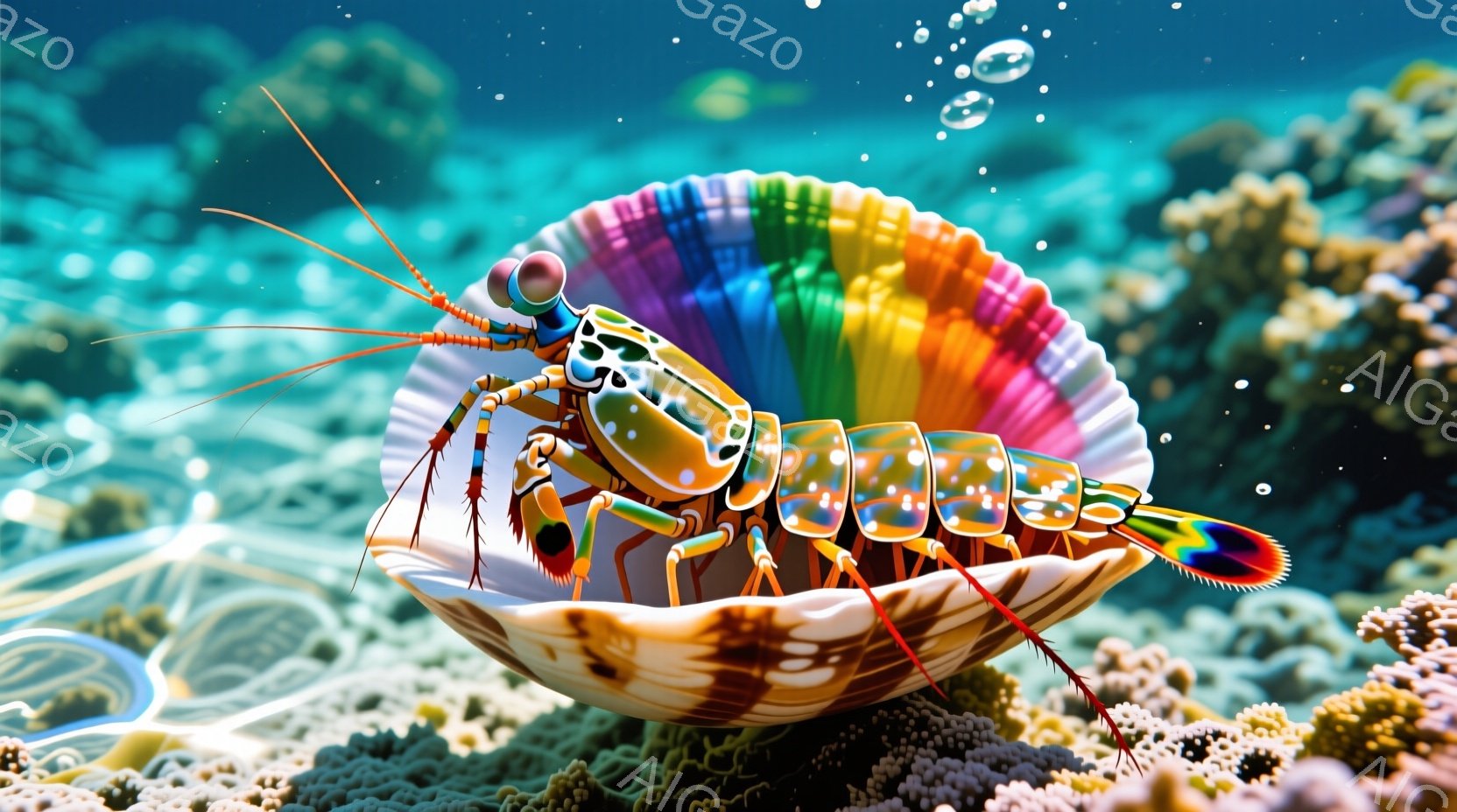 カラフルなイソテガニが、美しい貝殻の中に座っています。そのイソテガニは、まるで小さな騎士のように、緑色の頭部と鮮やかなオレンジ色の脚、そして複雑な模様の甲羅を持っています。背景には、サンゴ礁の鮮やかな - AI生成フリー素材