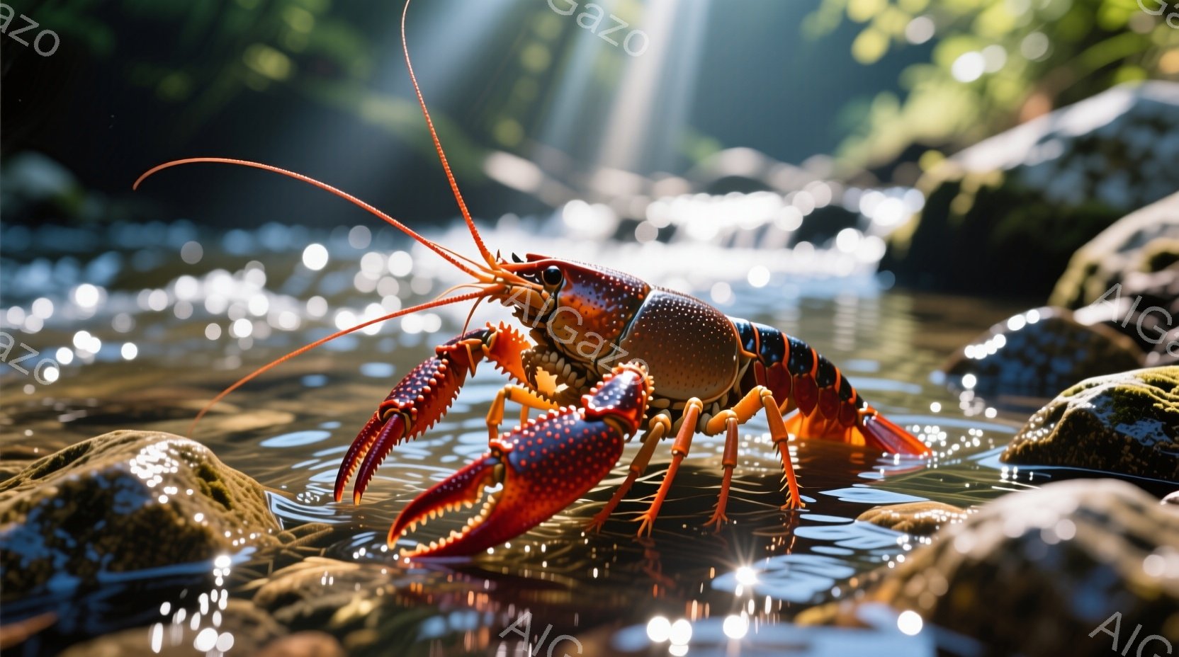 鮮やかなオレンジと茶色のザリガニが、水に濡れた岩の上に立っている。水面には光が反射し、キラキラと輝いている。背景は緑豊かな自然で、光線が差し込み、静かで穏やかな雰囲気を醸し出している。 - AI生成フリー素材