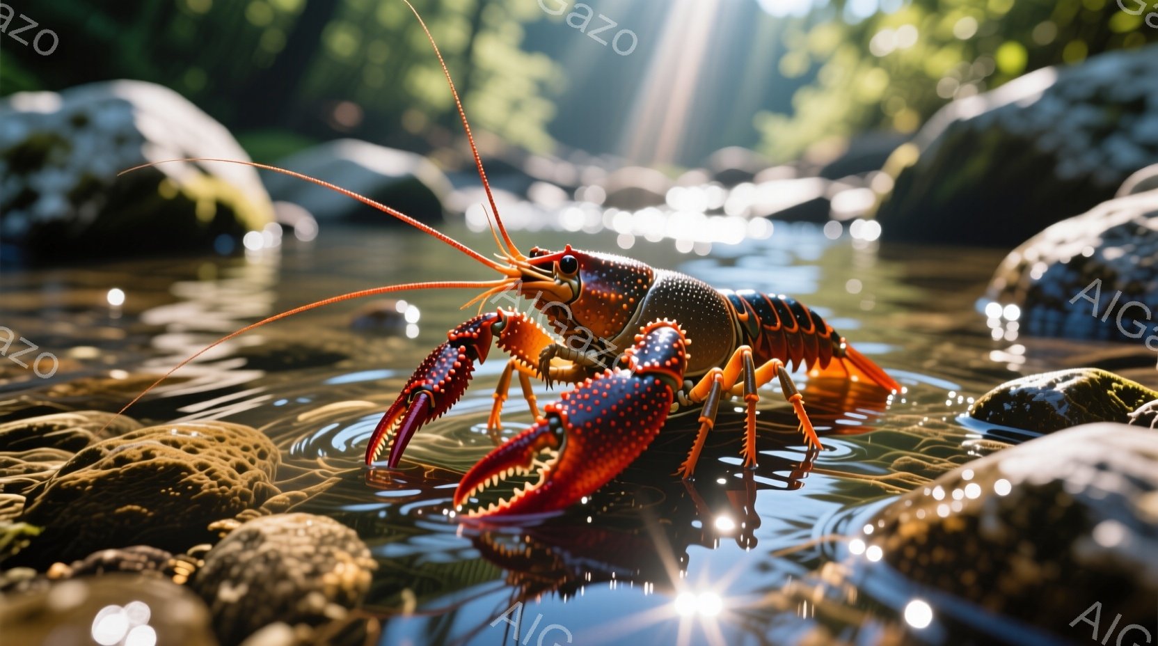 赤いザリガニが水中の岩の上で前脚を広げ、まるで獲物を狙うかのように佇んでいます。水面には太陽光が反射し、キラキラと輝き、周囲の岩や水底の砂利がぼんやりと見えます。全体的に自然光が柔らかく差し込み、静かで穏やかな雰囲気を醸し出しています。