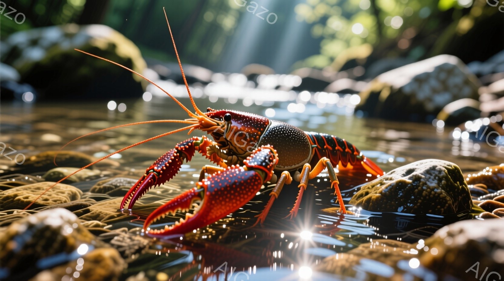 赤とオレンジ色のサザエが岩の上に立っており、長い触覚と力強いハサミを広げています。背景には、水面がきらめく水流と、緑豊かな植物が見え、自然な雰囲気を醸し出しています。全体的に、鮮やかで生命力あふれる、 - AI生成フリー素材