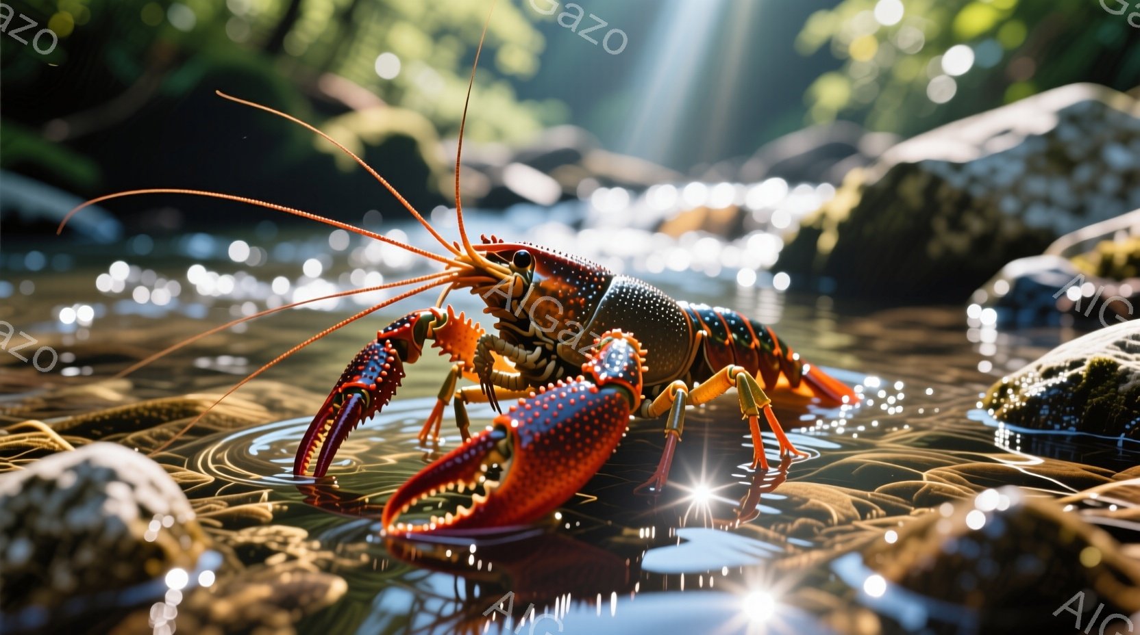 岩の上に赤いロブスターが立っており、長い触角を広げています。周囲は水面がキラキラと輝く浅瀬で、水底の岩や苔がわずかに見えます。全体的に明るく自然な光が差し込み、生き生きとした自然の雰囲気を醸し出しています。