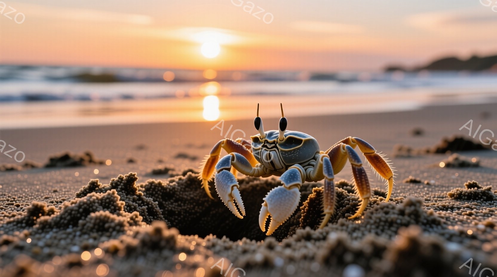 砂浜に甲羅の一部を埋めたカニが、前脚を前に突き出し、こちらを見据えています。背景には穏やかな波が打ち寄せ、夕焼けのオレンジ色と黄色のグラデーションが空一面に広がっています。全体的に暖かく穏やかな雰囲気 - AI生成フリー素材