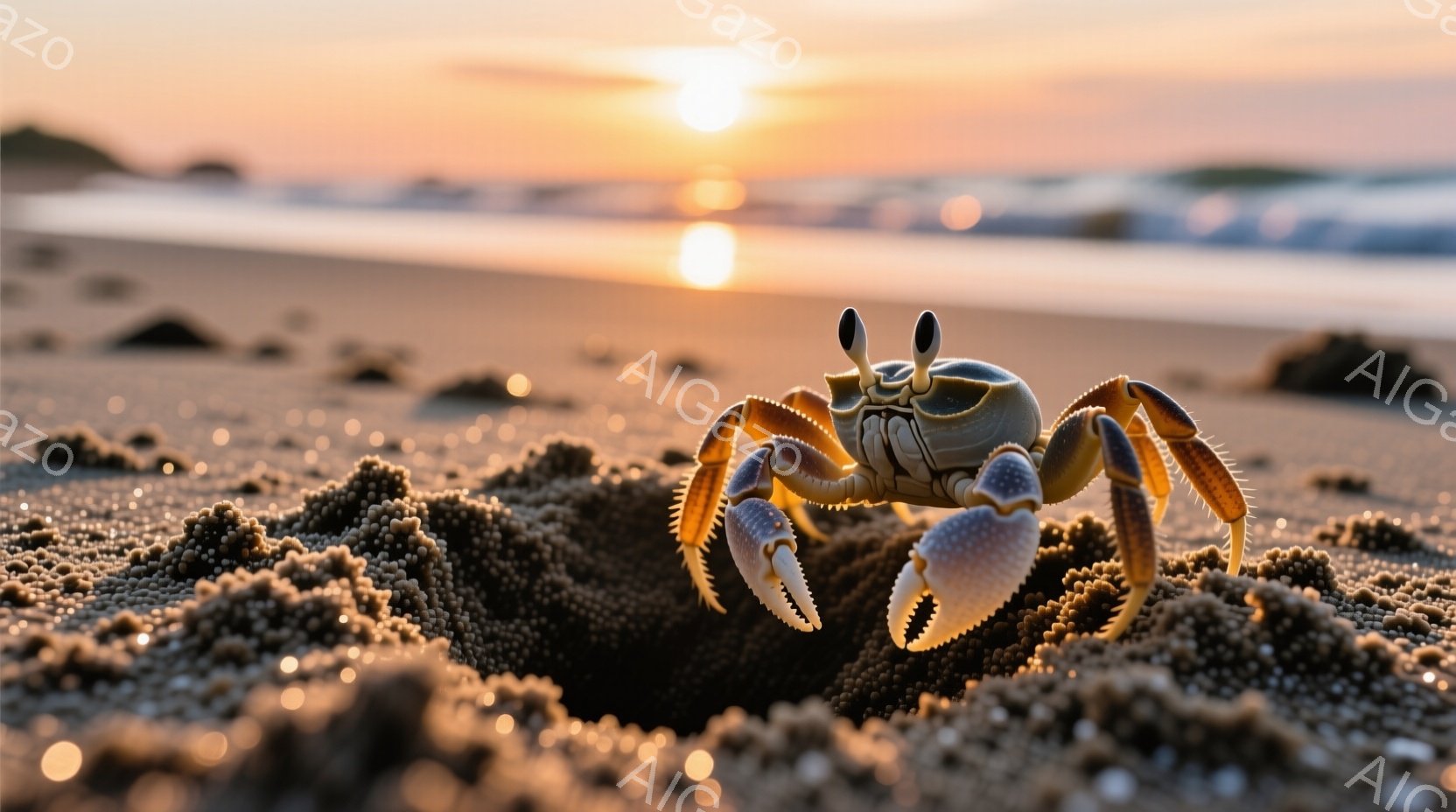 カニが海岸で太陽が西に沈む時に、海の砂に落ちる。