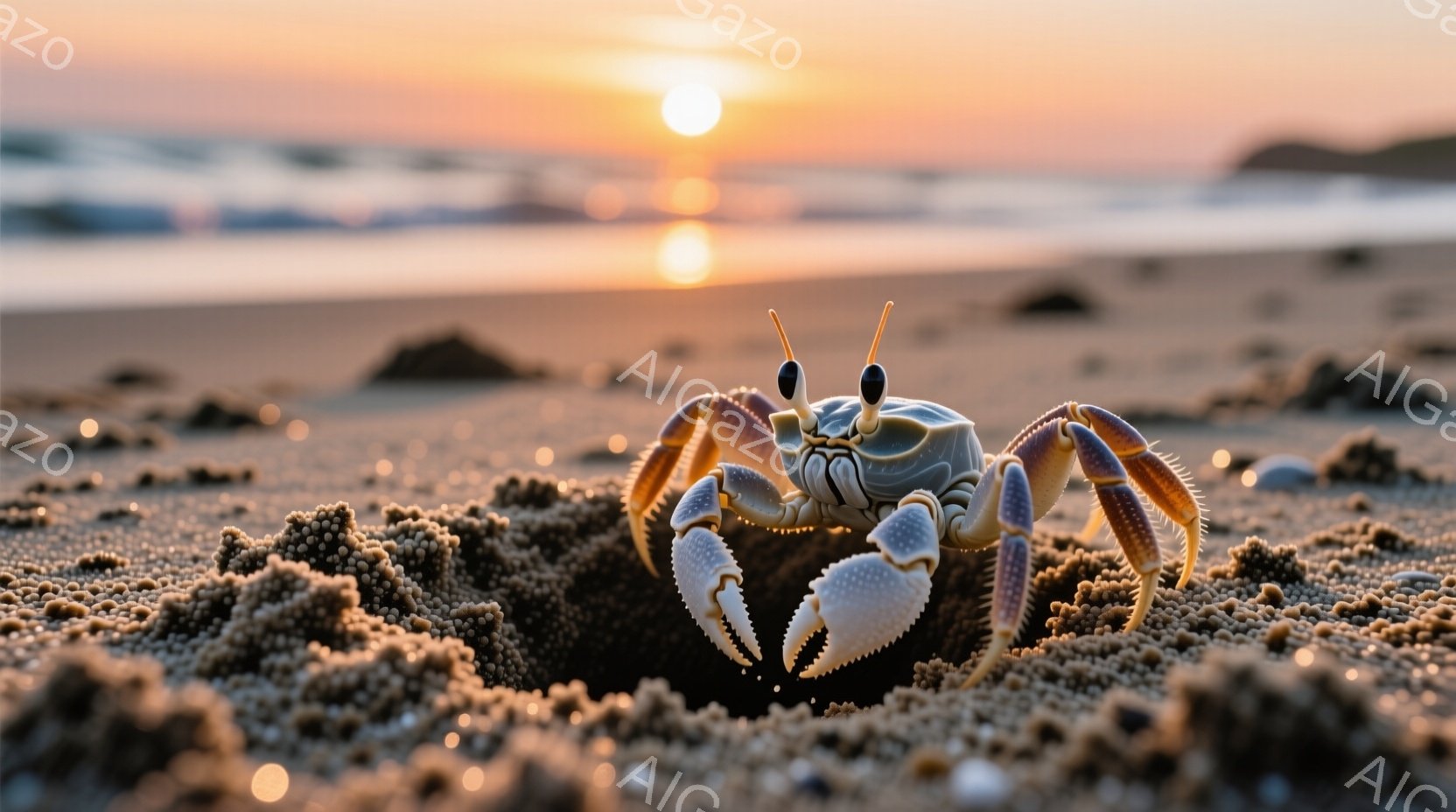 砂浜に小さな穴から顔を出したカニが写っている。そのカニは、青と白の美しい縞模様を持ち、左右に大きなハサミを広げ、まるで何かを威嚇しているかのような姿勢をとっている。背景には、夕焼けのオレンジ色の空と、穏やかな海が広がり、暖かく穏やかな雰囲気を醸し出している。