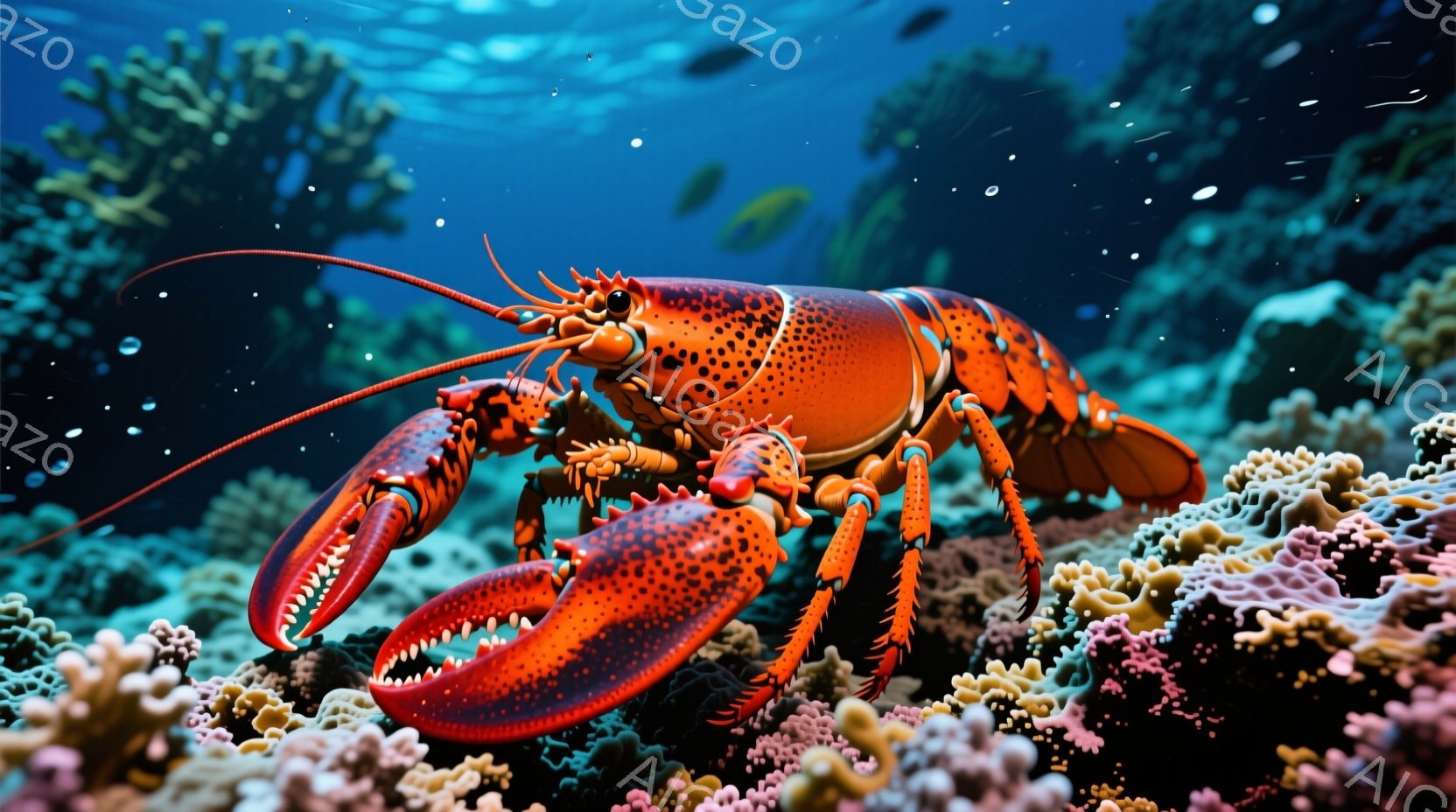 鮮やかなオレンジ色のロブスターが、珊瑚礁の上に堂々と構えています。大きなハサミを広げ、触覚を伸ばし、まるで獲物を狙っているかのような鋭い表情をしています。背景には、様々な色の珊瑚が広がり、小さな魚たち - AI生成フリー素材