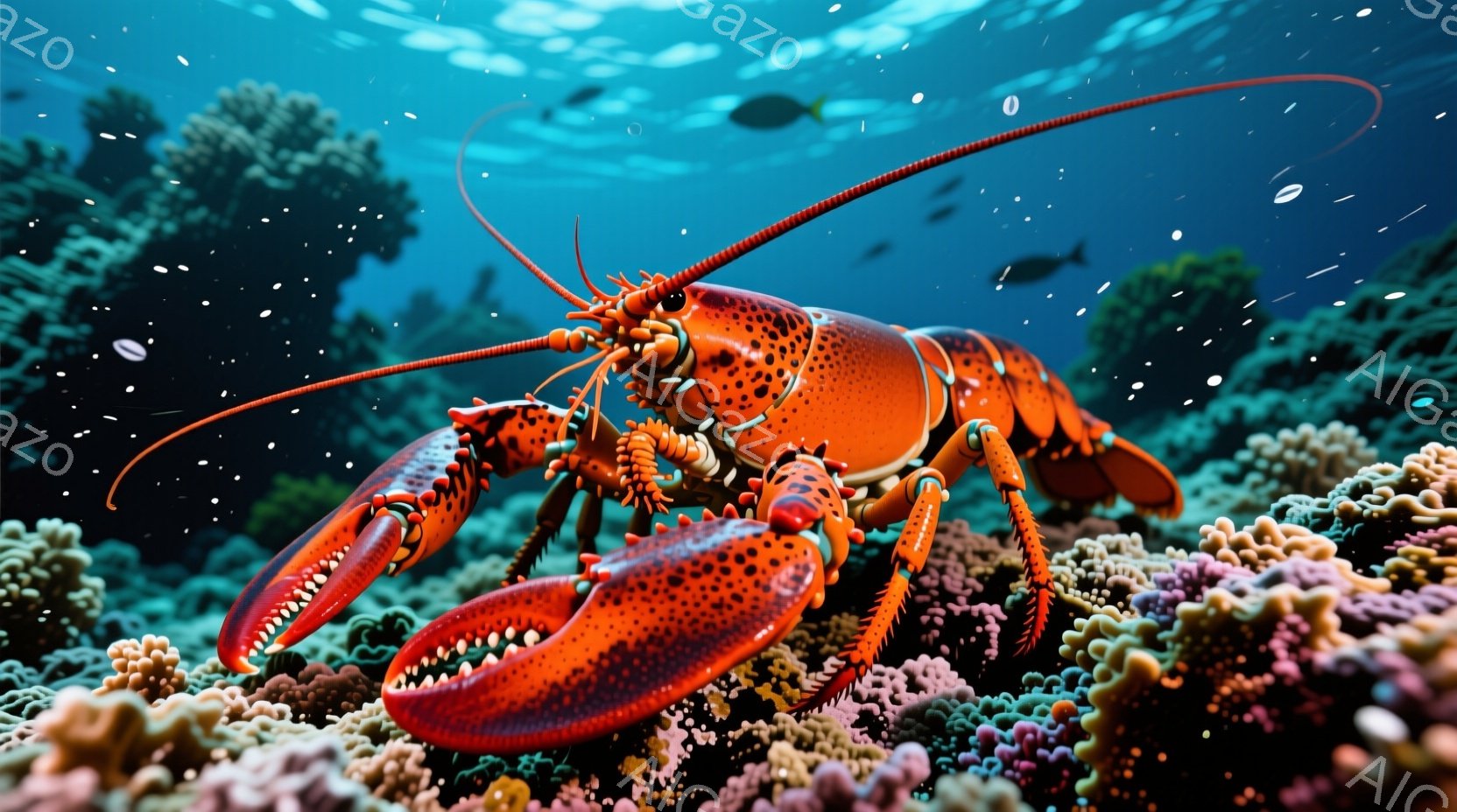 深い青色の海中で、赤いロブスターが鮮やかな珊瑚礁の上に堂々と立っている。ロブスターは大きく、強く、力強い爪を前に突き出し、周囲の環境を警戒しているように見える。背景には、様々な種類の珊瑚と小さな魚がおり、水中世界の穏やかで活気のある雰囲気を醸し出している。