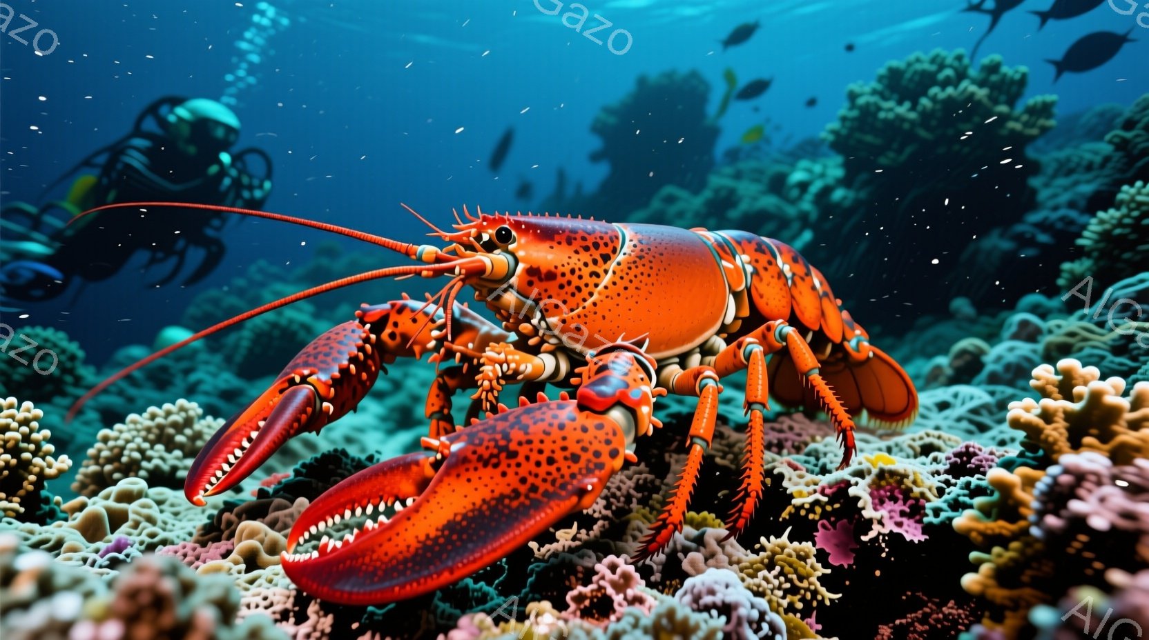 明るいオレンジ色の大きなロブスターが、ピンクや白のサンゴ礁の上に立っている。背景には、水中で潜っているダイバーの姿と、小さな魚たちが点在しており、水中に漂う光が幻想的な雰囲気を醸し出している。全体的に、鮮やかな色彩と水中生物の存在感が、活気と神秘的な雰囲気を表現している。