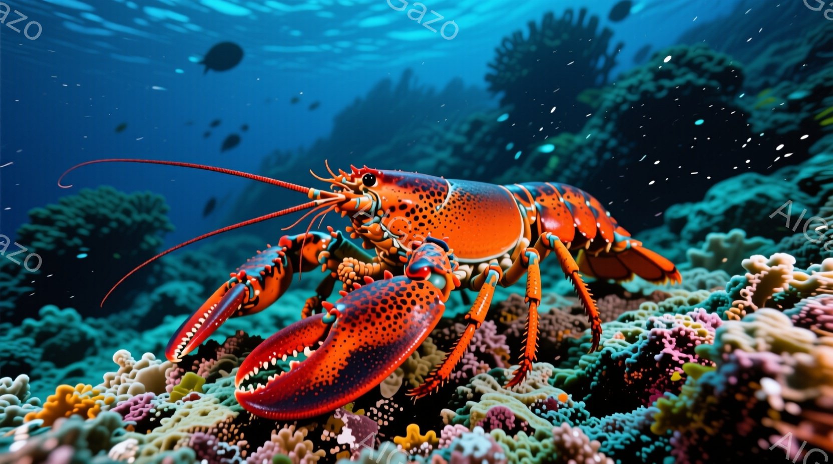 明るいオレンジ色と黒い斑点を持つ大きなロブスターが、色鮮やかな珊瑚礁の上を歩いている。その姿勢は自信に満ち溢れており、触覚は優雅に伸びている。背景には、さまざまな種類の珊瑚と小さな魚たちがおり、深海の - AI生成フリー素材