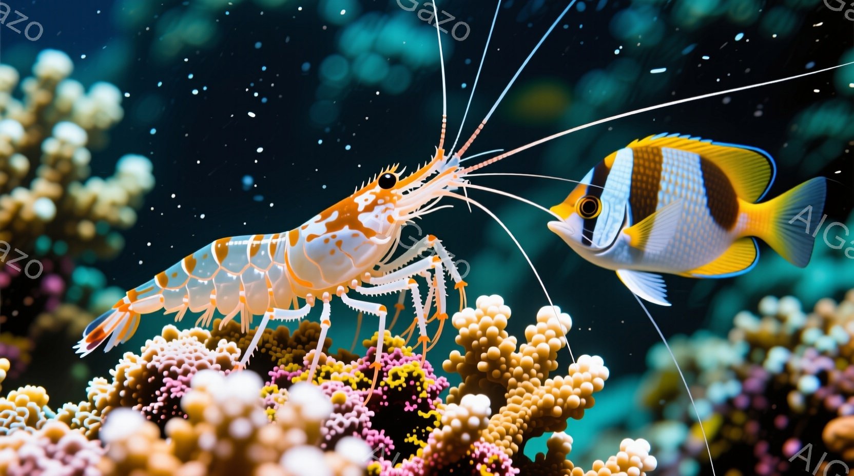 白地にオレンジ色の縞模様を持つ大きなエビが、ピンクと黄色のサンゴ礁の上に大きく広がって写っている。オレンジ、白、黒の縞模様を持つ魚がエビの隣に寄り添うように泳いでおり、まるで何かを訴えかけるかのような - AI生成フリー素材
