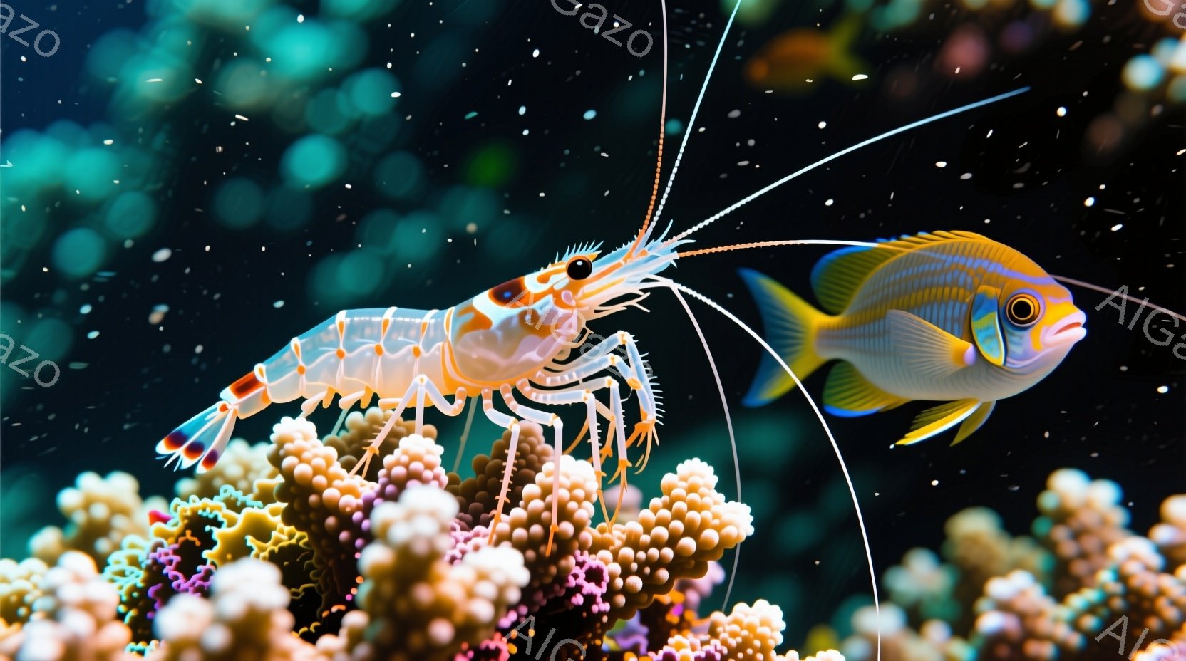 鮮やかなオレンジと青の色彩が美しいサンゴ礁を背景に、エビと魚が捉えられています。エビはサンゴの上で前足を使って立ち上がり、長い触覚を伸ばして魚の方へ向かっているようです。背景にはぼやけたサンゴ礁が広が - AI生成フリー素材